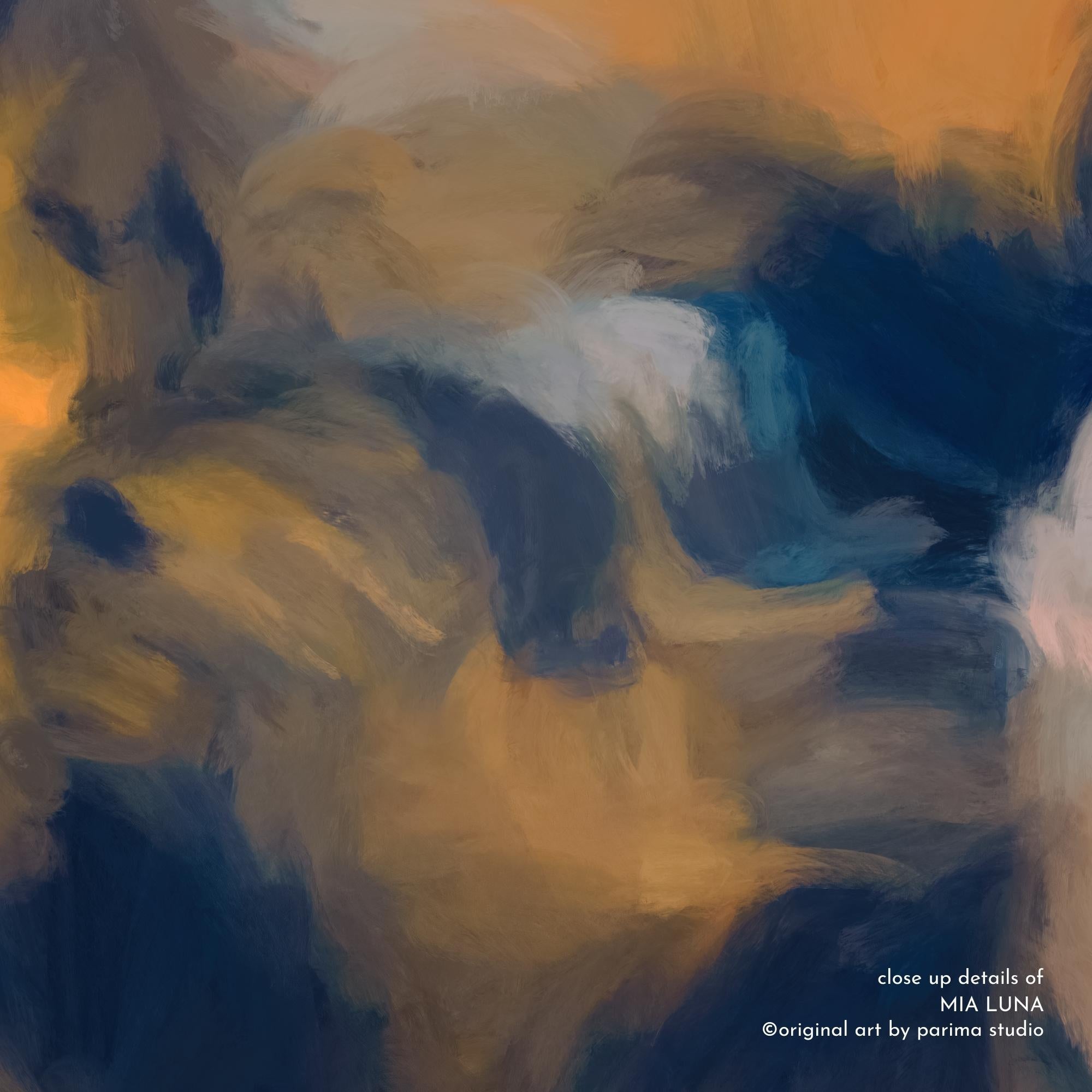 Close up of Mia Luna, blue and orange colorful abstract wall art print by Parima Studio