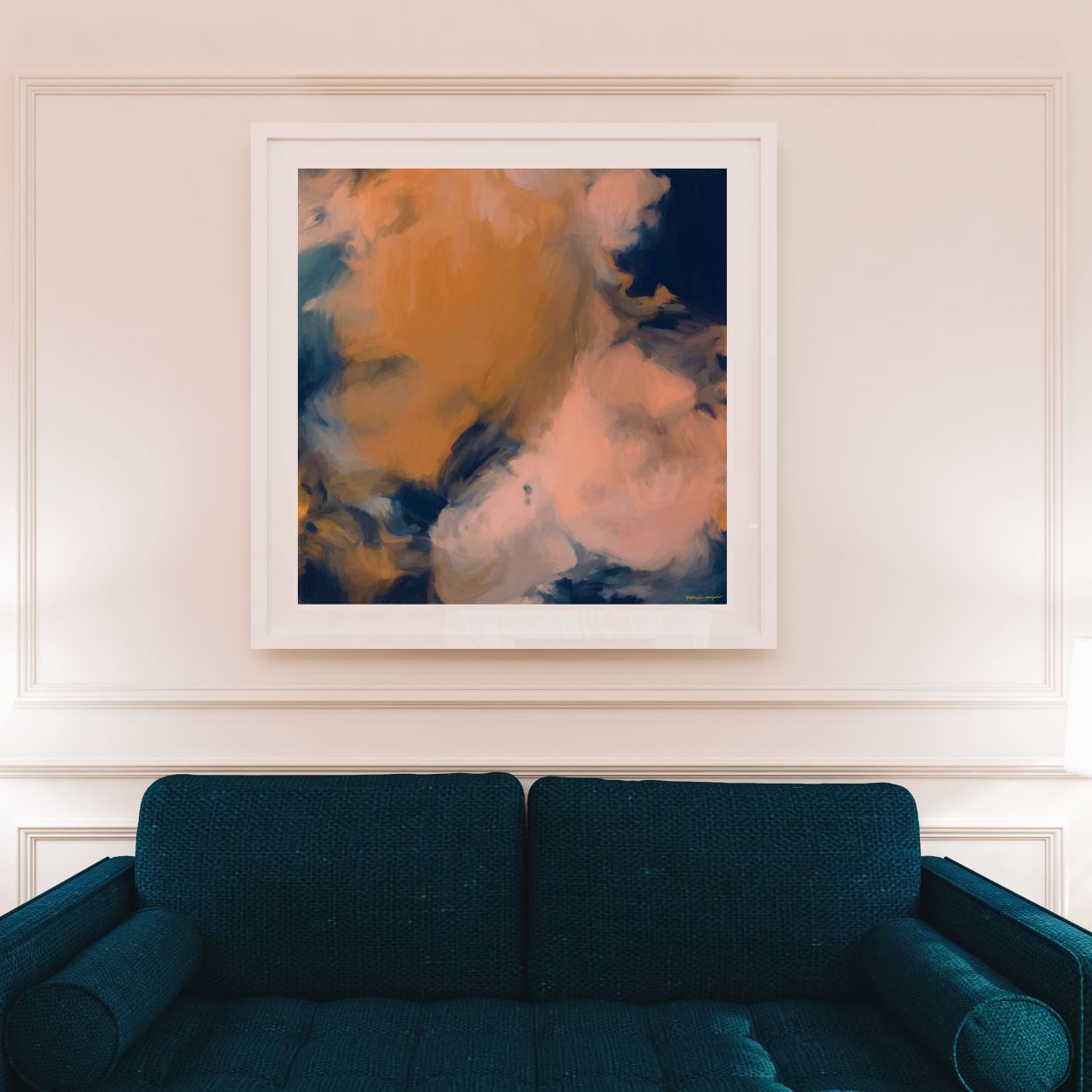 Mia Luna, blue and orange colorful abstract wall art print by Parima Studio. Square art for over sofa in living room