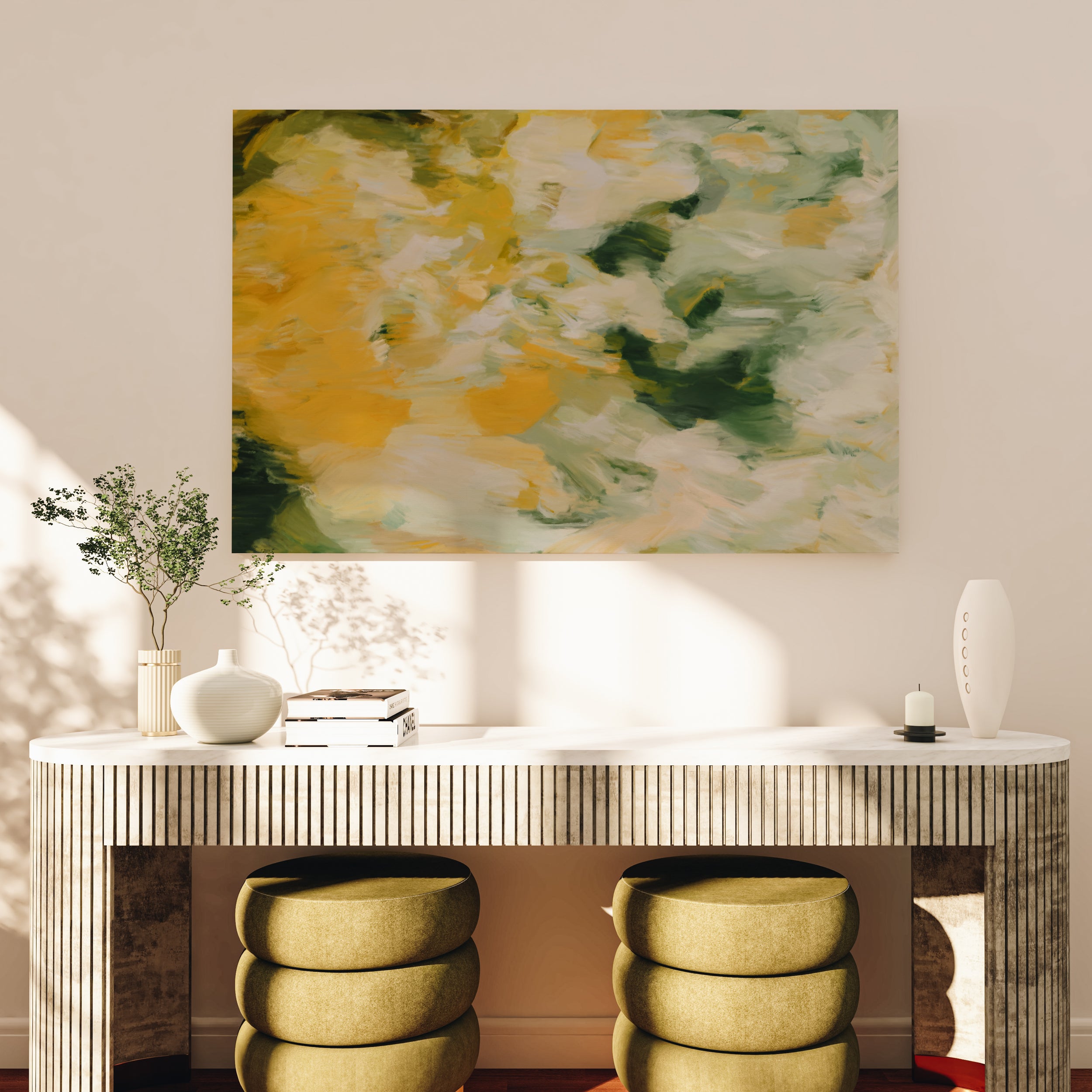 Moments No1. Green Yellow Mint Abstract Canvas wall art print. Art over console for entryway