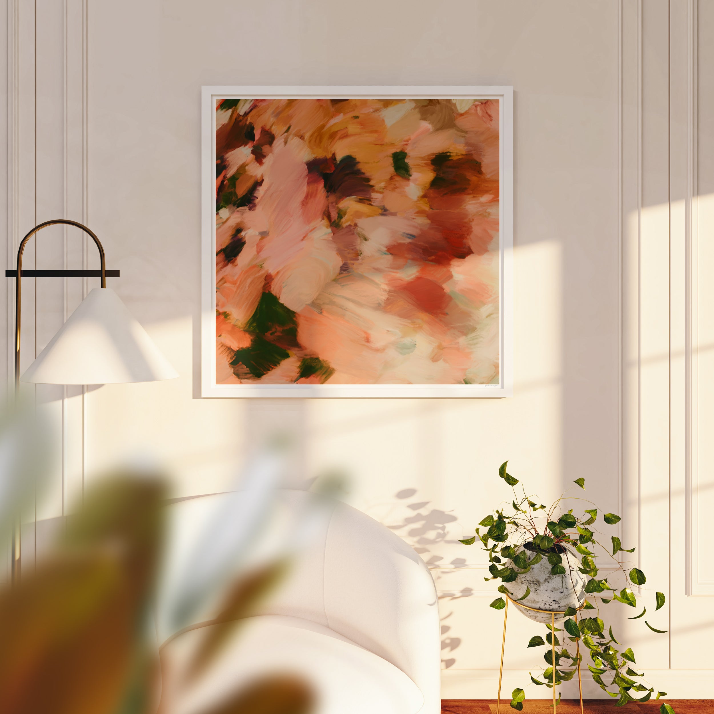 Moments No.2 - Pink brown yellow large square abstract wall art print - contemporary art by Parima Studio - Art for living room over the sofa