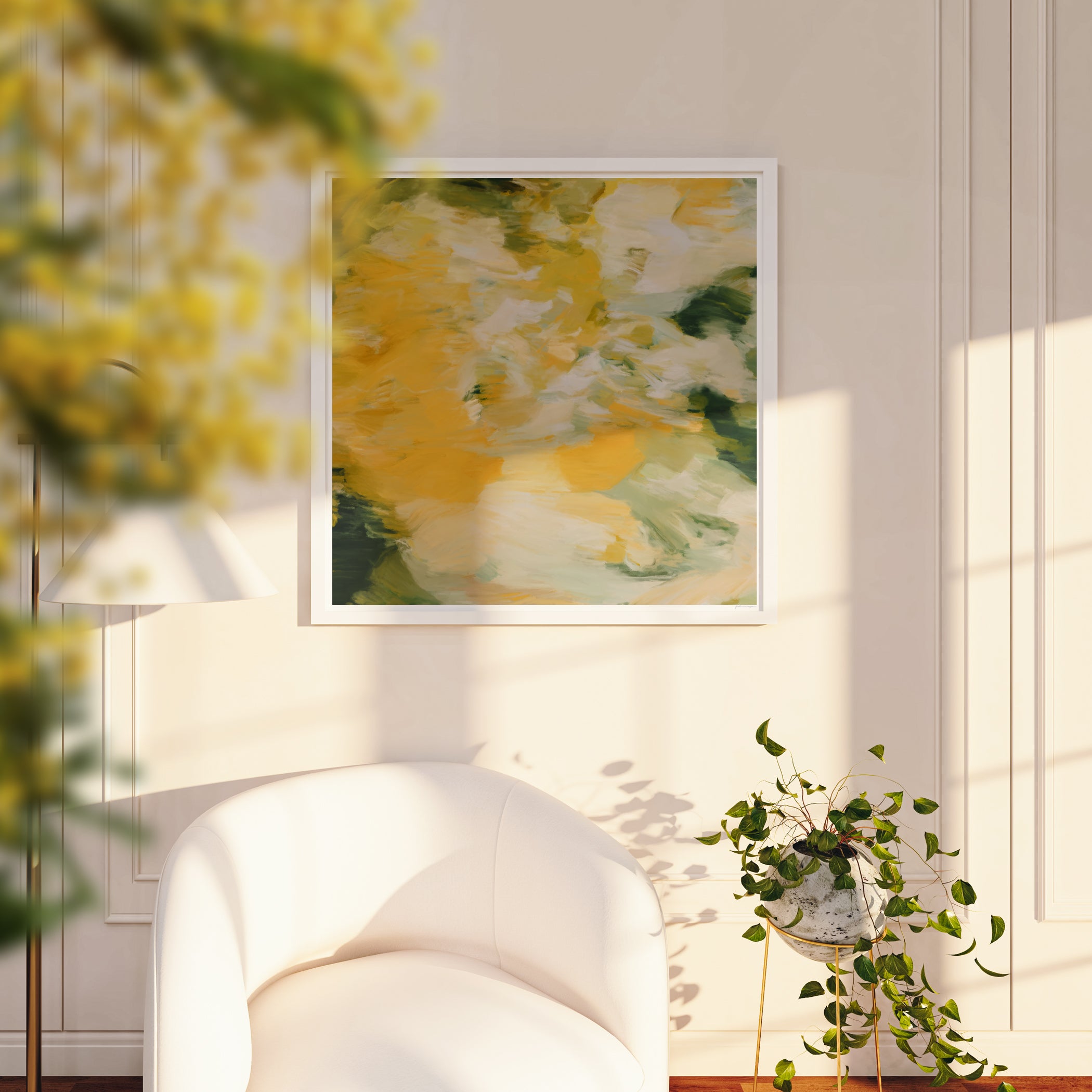 Moments No.3 Yellow square abstract wall art print - living room, bedroom, dining room wall decor. Contemporary square fine art. Art over the sofa