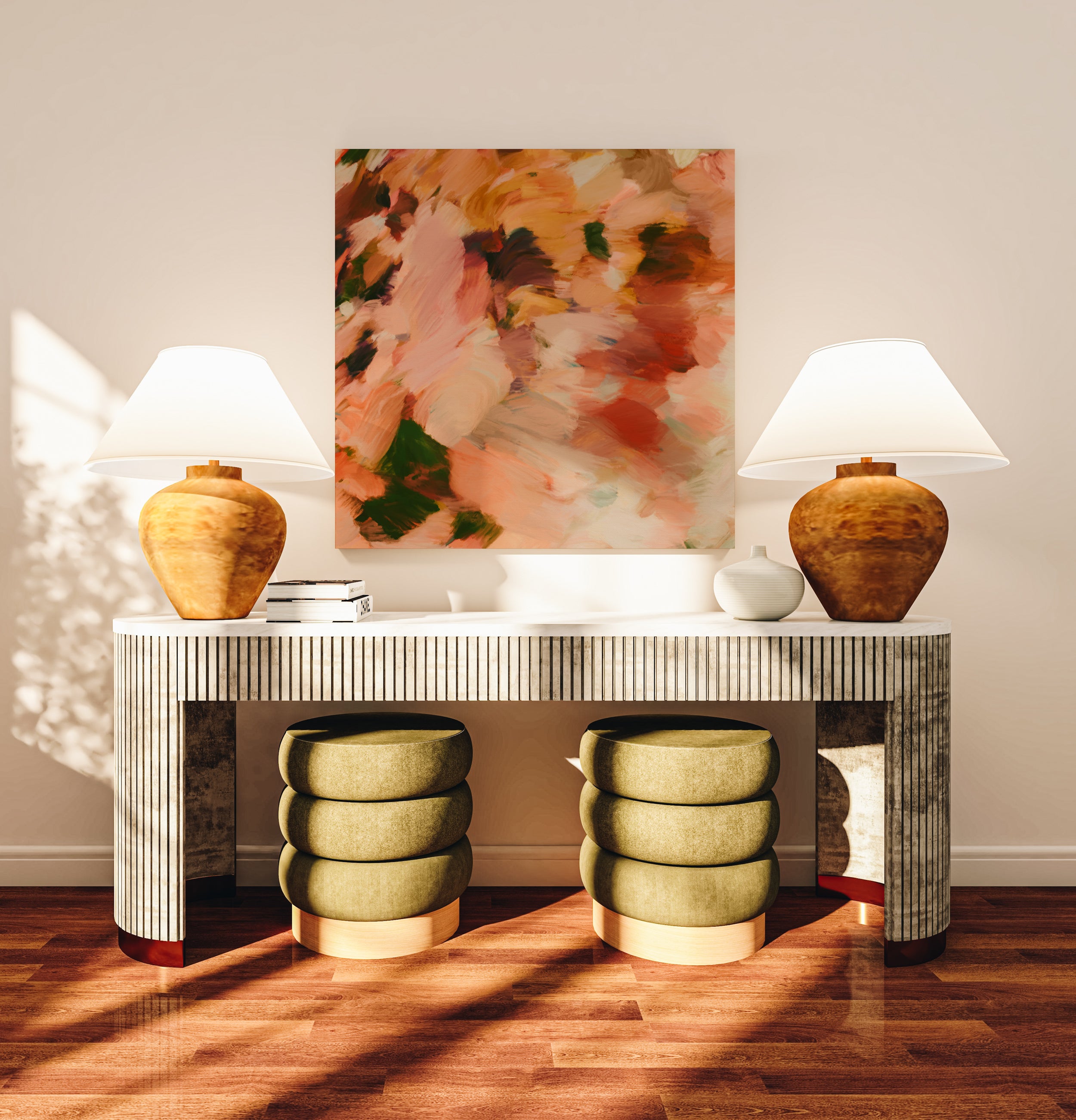 Moments No.2 Pink yellow brown abstract canvas wall art print - square contemporary art for living room, bedroom, dining room home decor - Entryway decor ideas