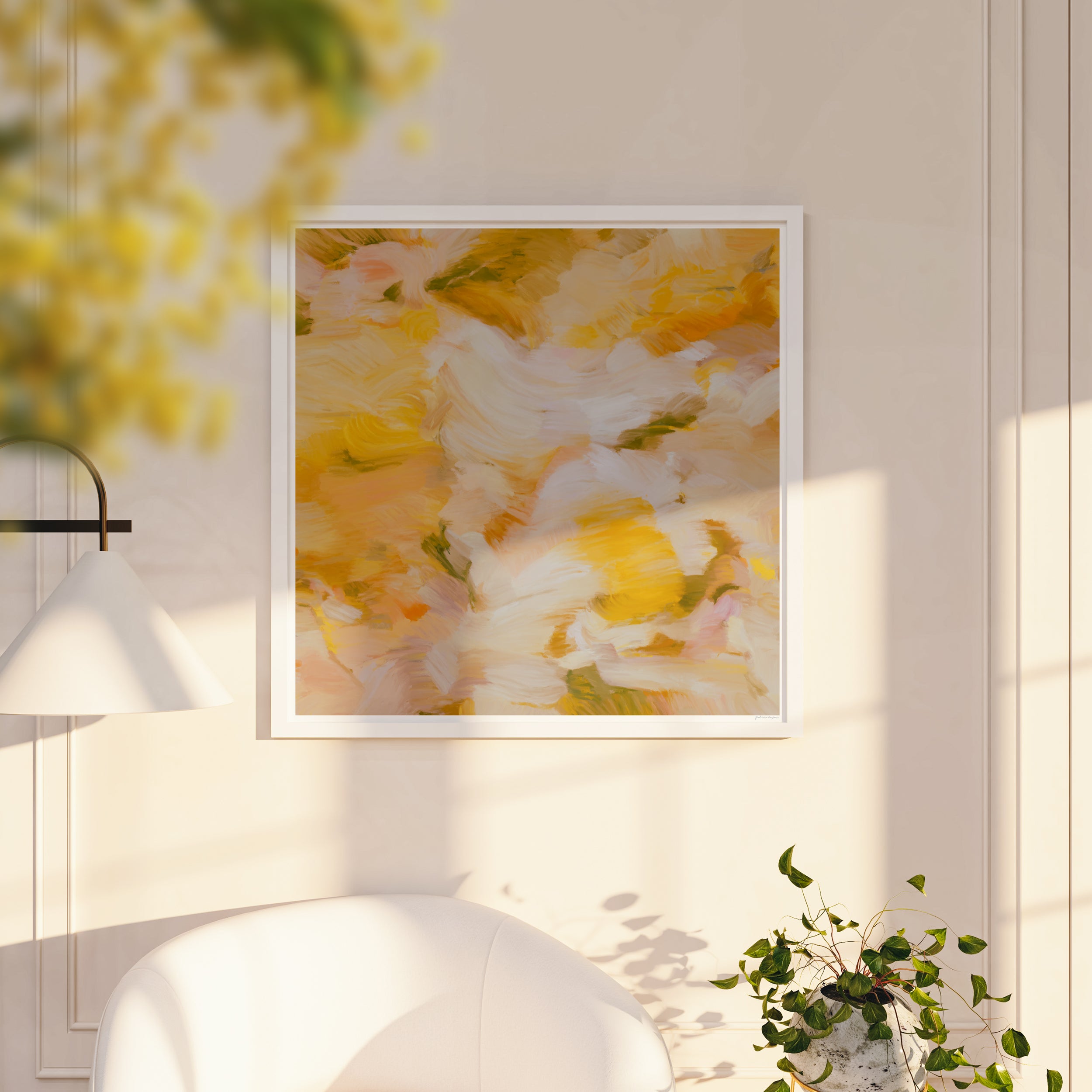 Moments No.3 Yellow square abstract wall art print - living room, bedroom, dining room wall decor. Contemporary square fine art. Art over the sofa