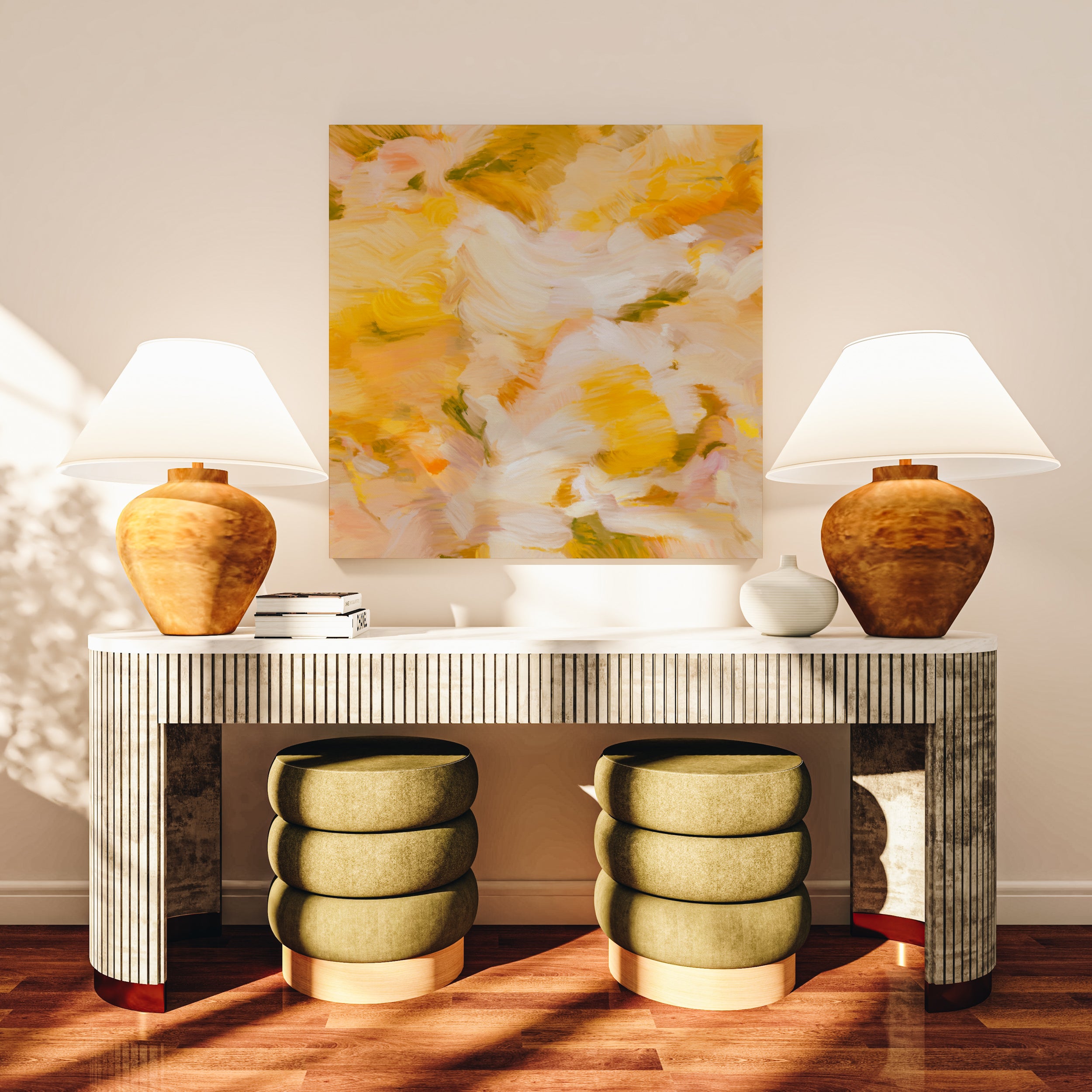 Moments No.3 Yellow Square Abstract Wall Art Canvas Print - Contemporary Fine Art by Patricia Vargas. Soft ethereal art print over credenza in entryway. Home decor ideas