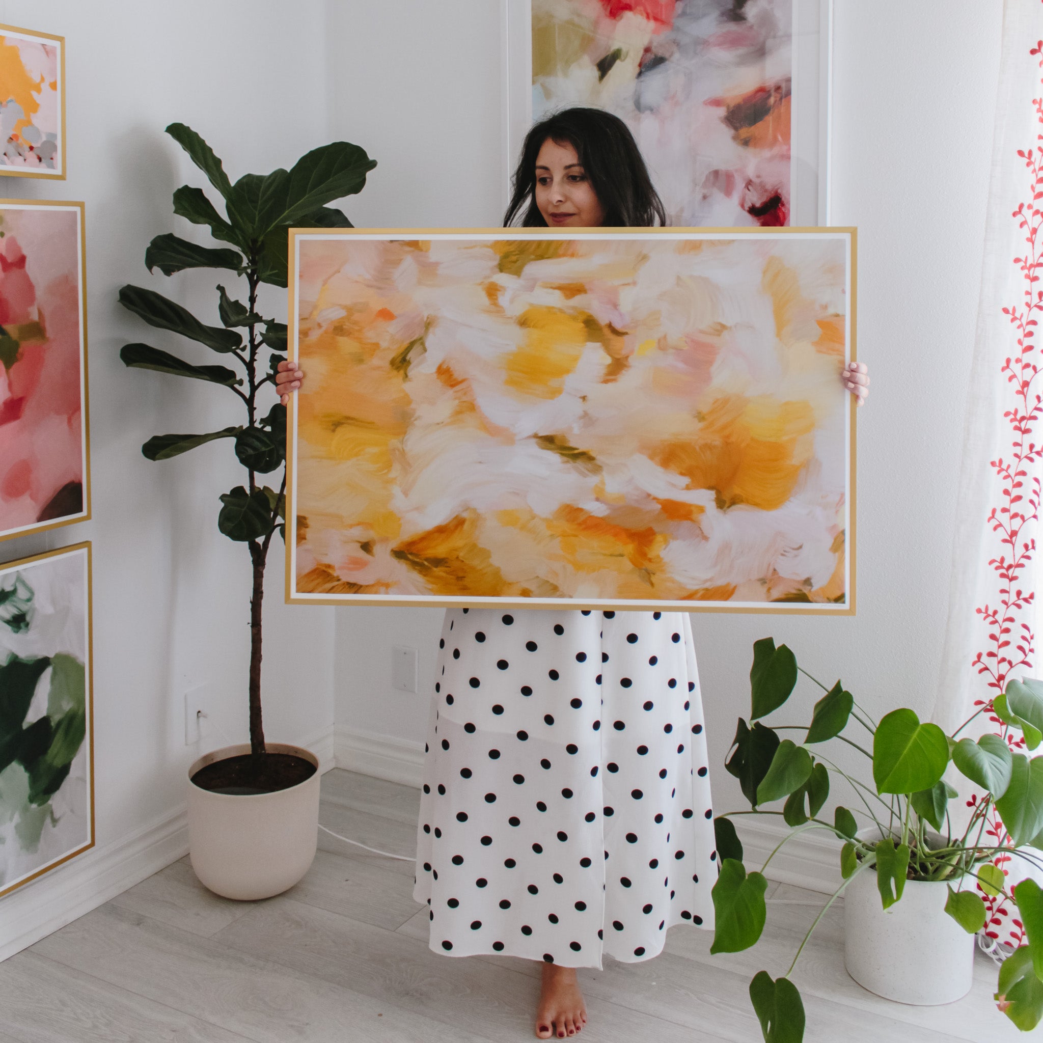 Moments No.3 - Light and airy yellow abstract wall art print by Parima Studio - Horizontal art for living room decor. Large abstract contemporary art.