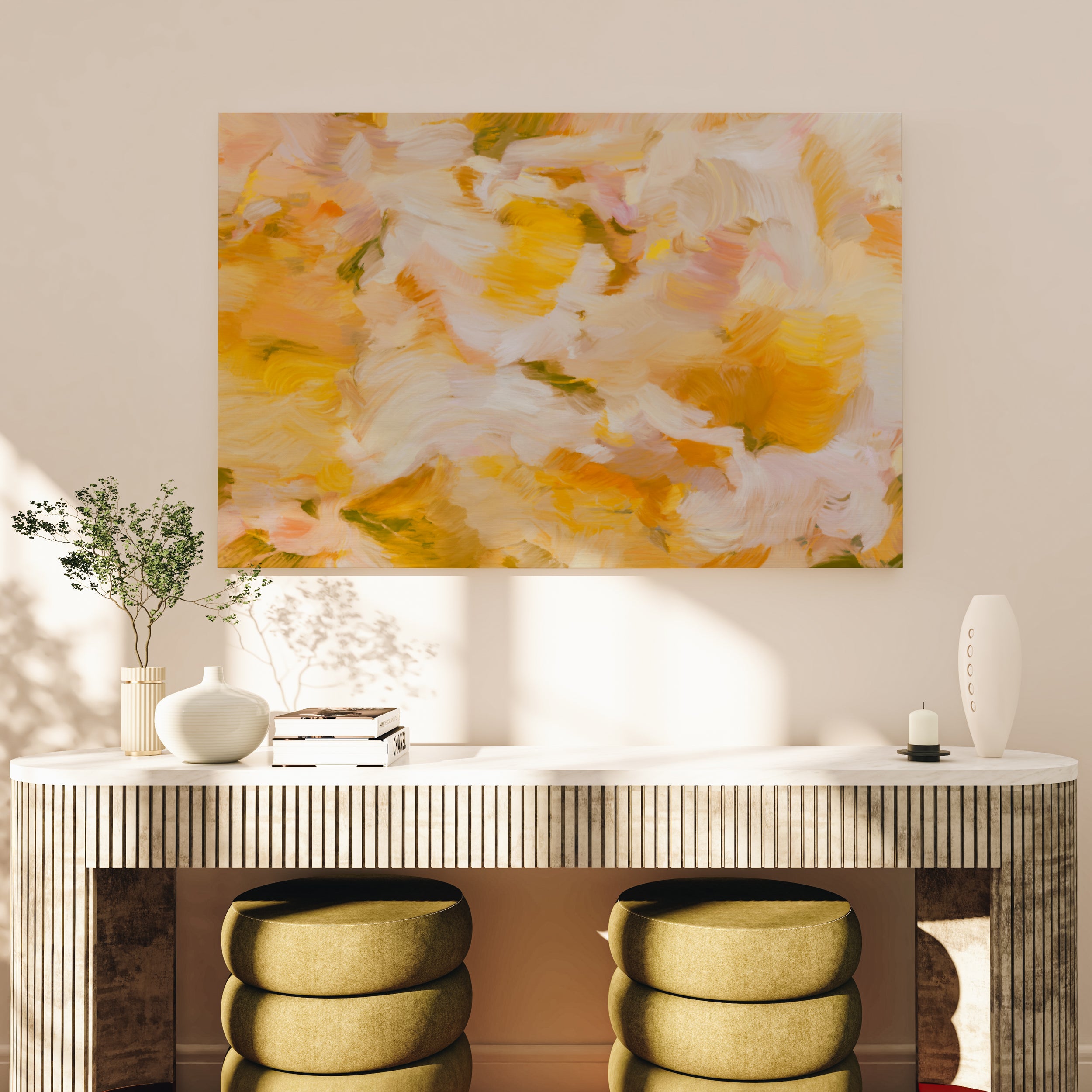 Moments No.3, Soft yellow abstract canvas wall art print - contemporary fine art by Parima Studio - Ethereal artwork for your home decor. Art over credenza in bright entryway