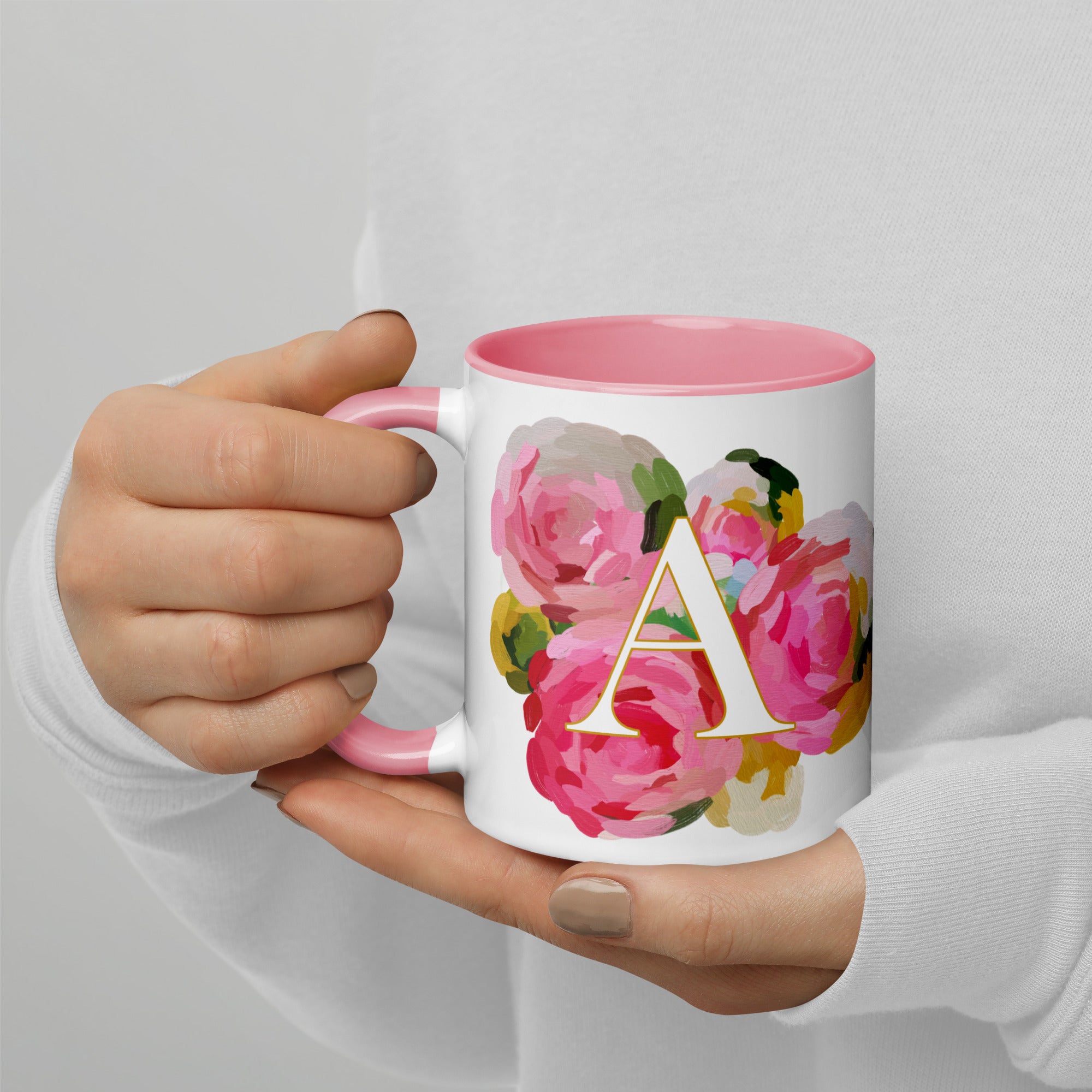 Pink Flowers Monogram Ceramic Mug - Letter A - Pretty coffee and tea mug for flower lovers. Colored on the inside and the handle. Art by Parima Studio