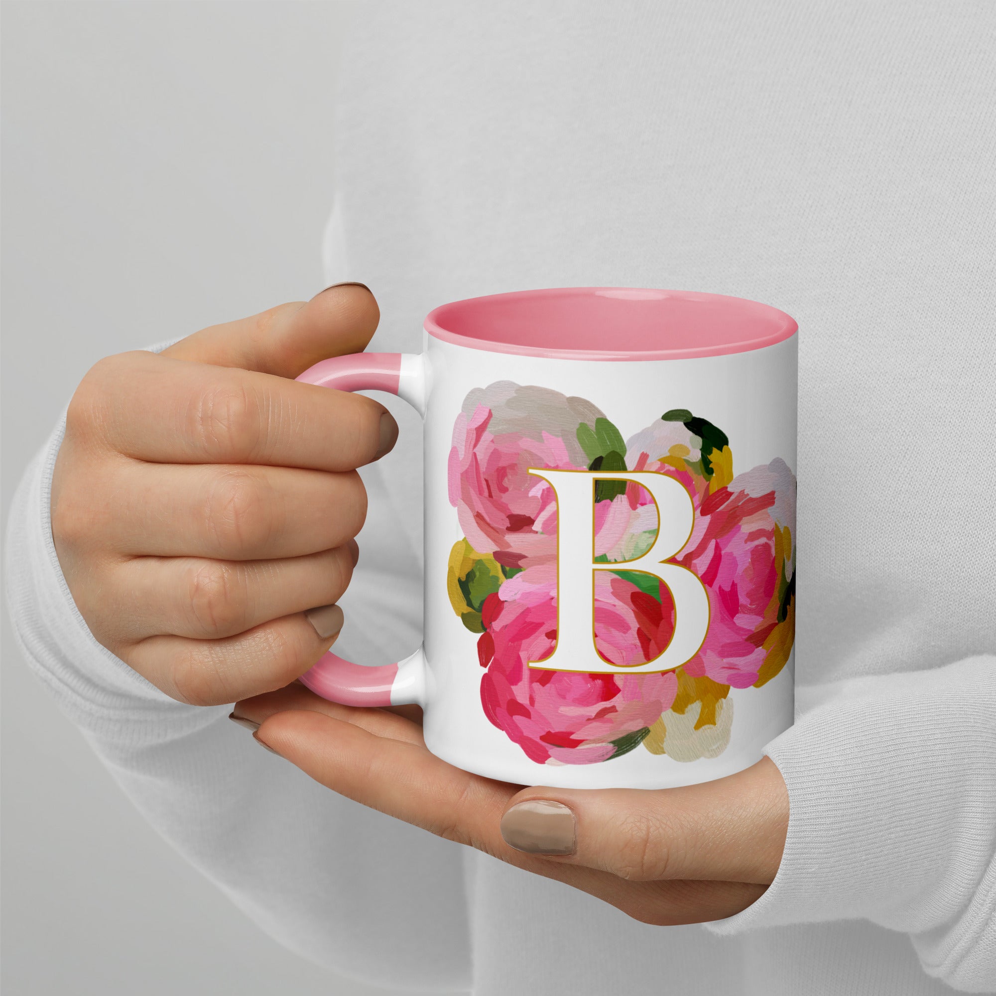 Pink Flowers Monogram Ceramic Mug - Letter B - Pretty coffee and tea mug for flower lovers. Colored on the inside and the handle. Art by Parima Studio. Chic floral mug