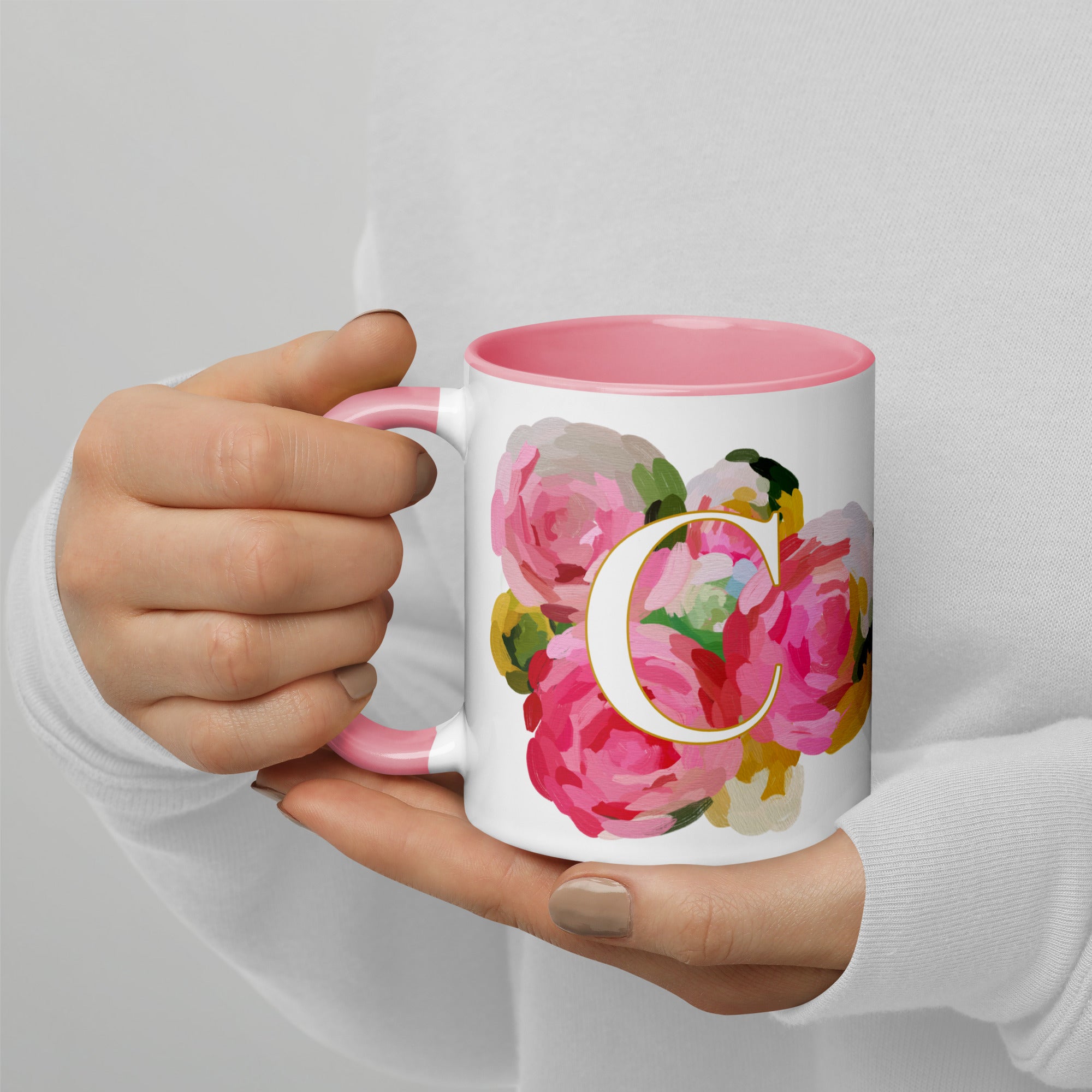 Pink Flowers Monogram Ceramic Mug - Letter C - Pretty coffee and tea mug for flower lovers. Colored on the inside and the handle. Art by Parima Studio. Chic floral mug