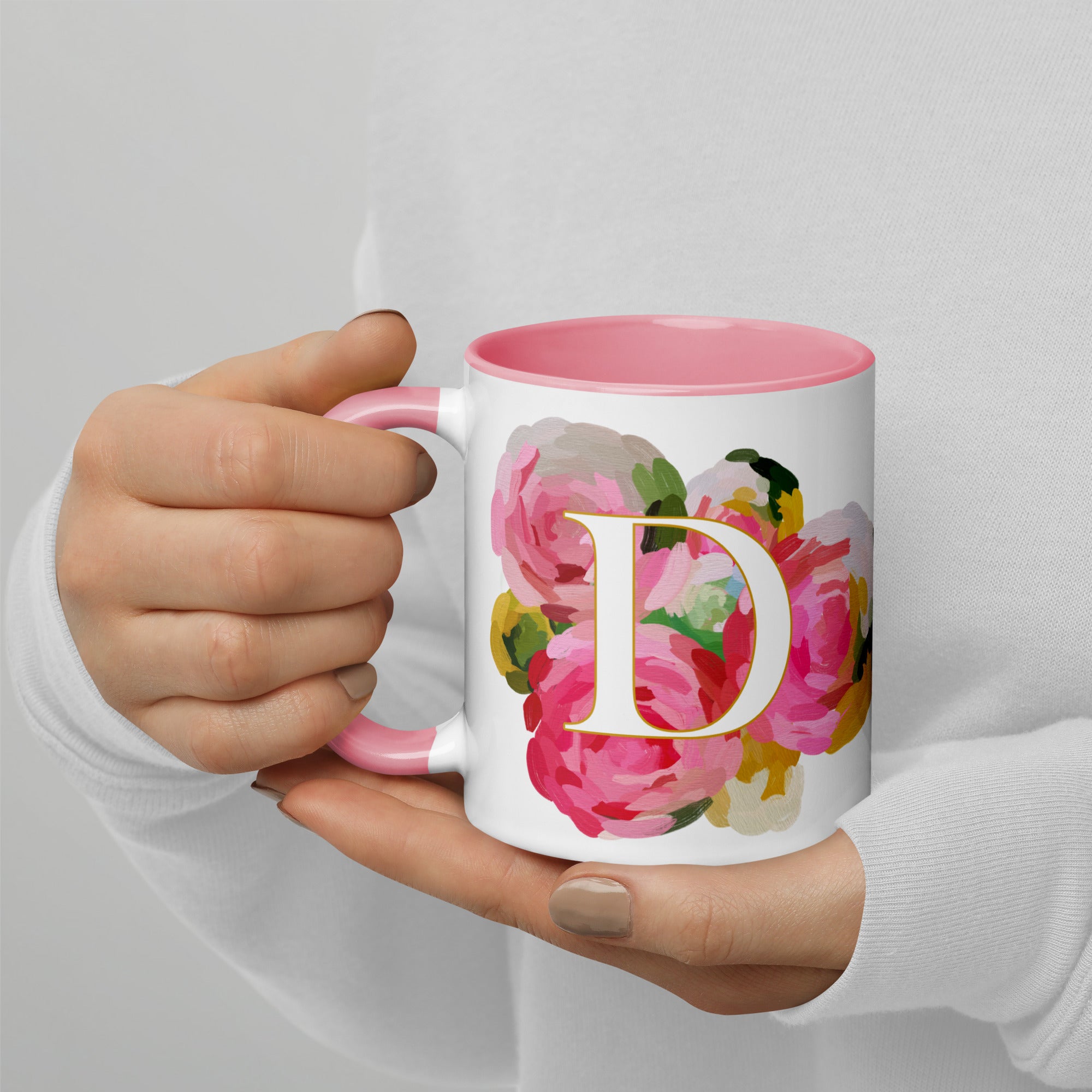 Pink Flowers Monogram Ceramic Mug - Letter D - Pretty coffee and tea mug for flower lovers. Colored on the inside and the handle. Art by Parima Studio. Chic floral mug