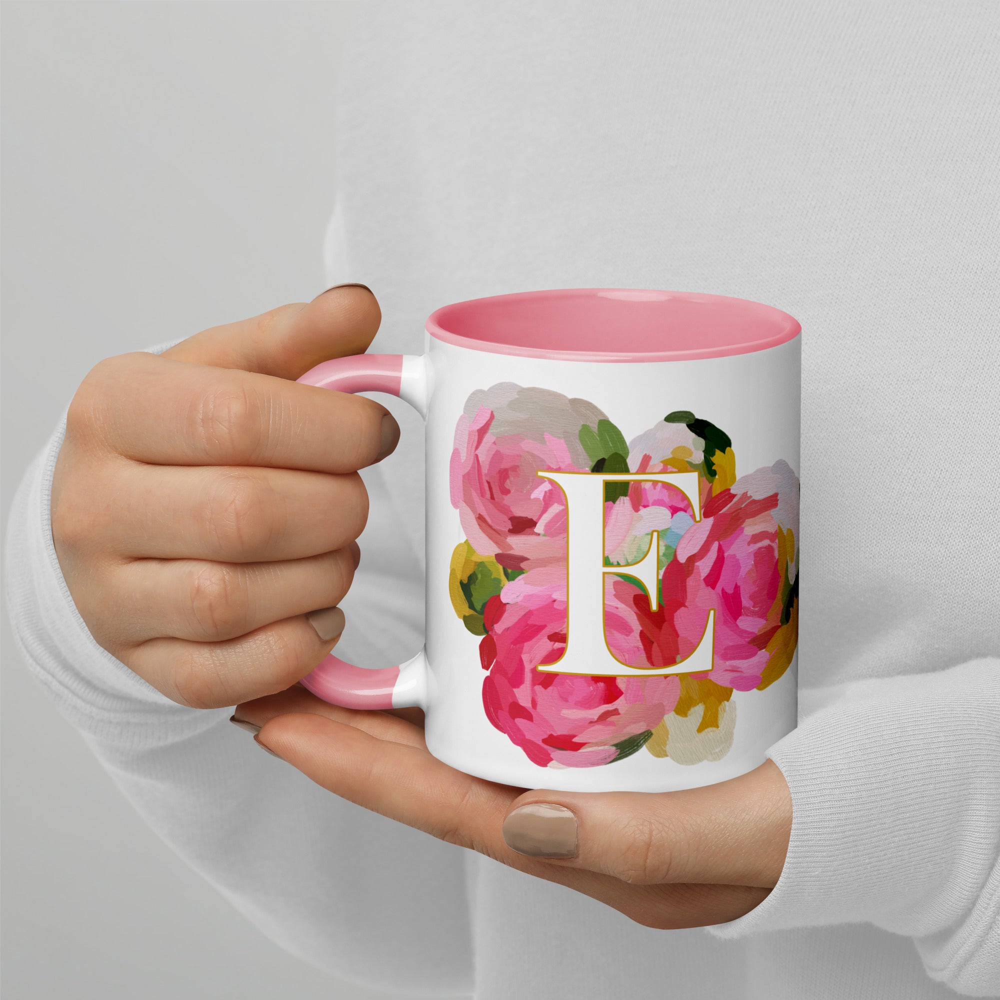 Pink Flowers Monogram Ceramic Mug - Letter A - Pretty coffee and tea mug for flower lovers. Colored on the inside and the handle. Art by Parima Studio. Chic floral mug