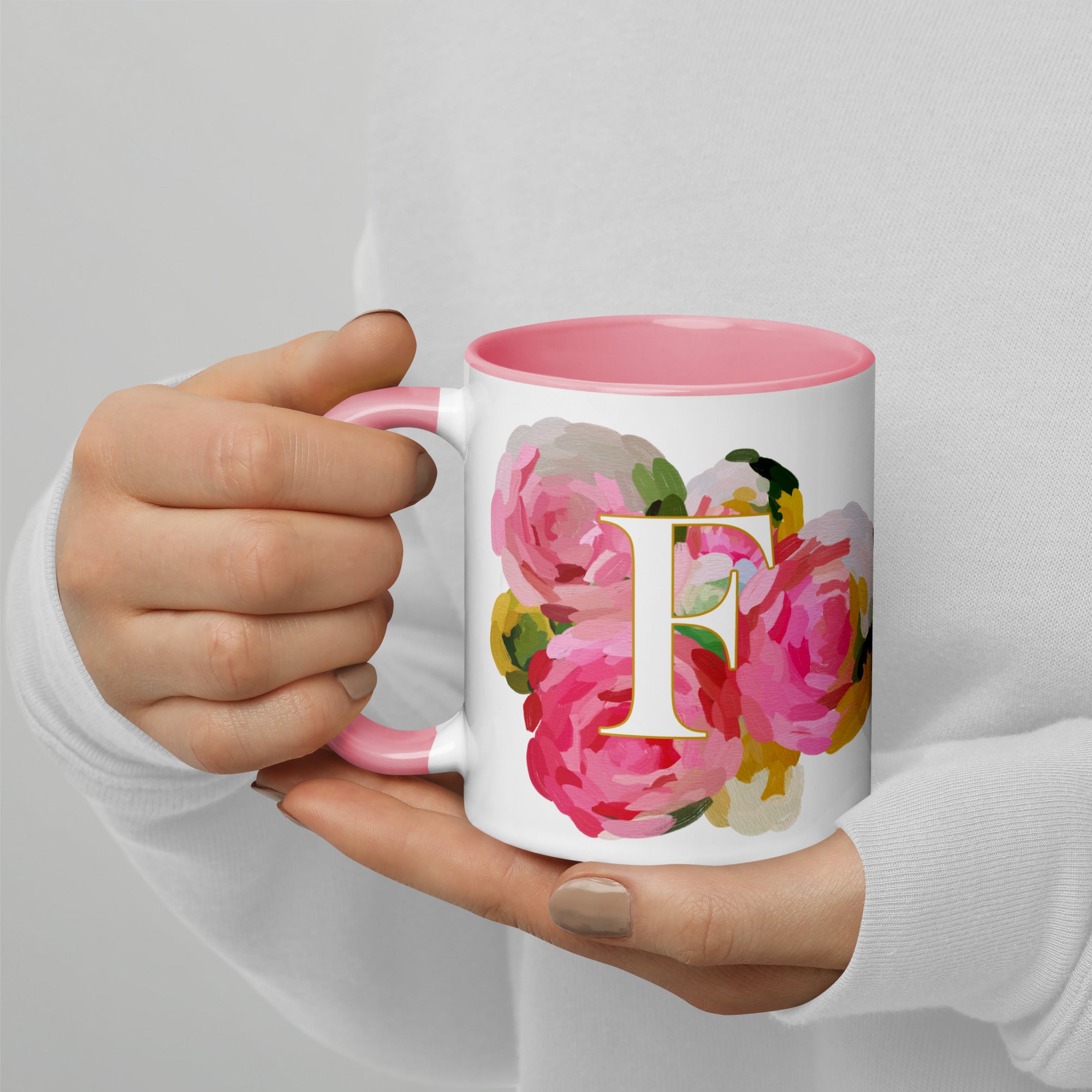 Pink Flowers Monogram Ceramic Mug - Letter F - Pretty coffee and tea mug for flower lovers. Colored on the inside and the handle. Art by Parima Studio. Chic floral mug