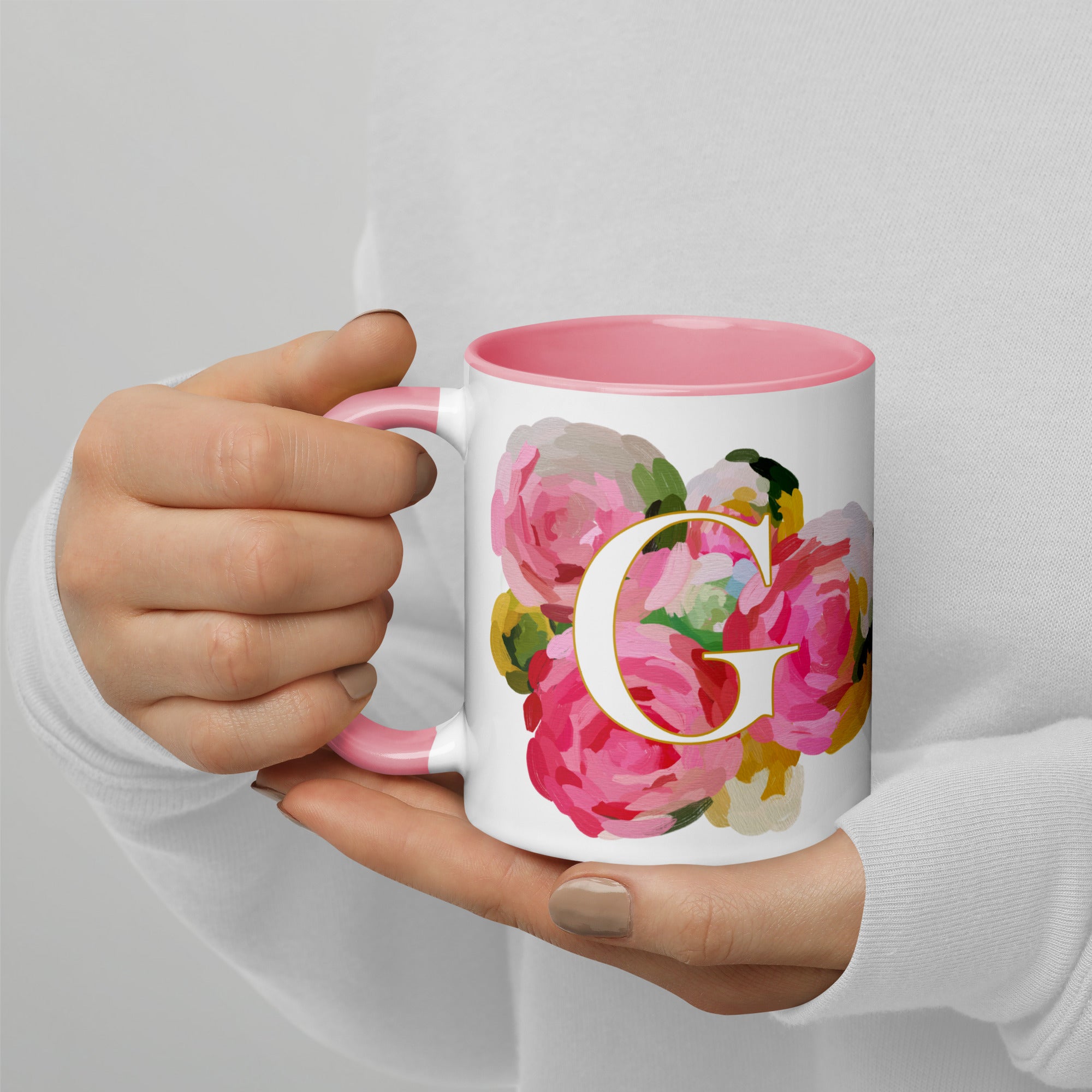 Pink Flowers Monogram Ceramic Mug - Letter G - Pretty coffee and tea mug for flower lovers. Colored on the inside and the handle. Art by Parima Studio. Chic floral mug