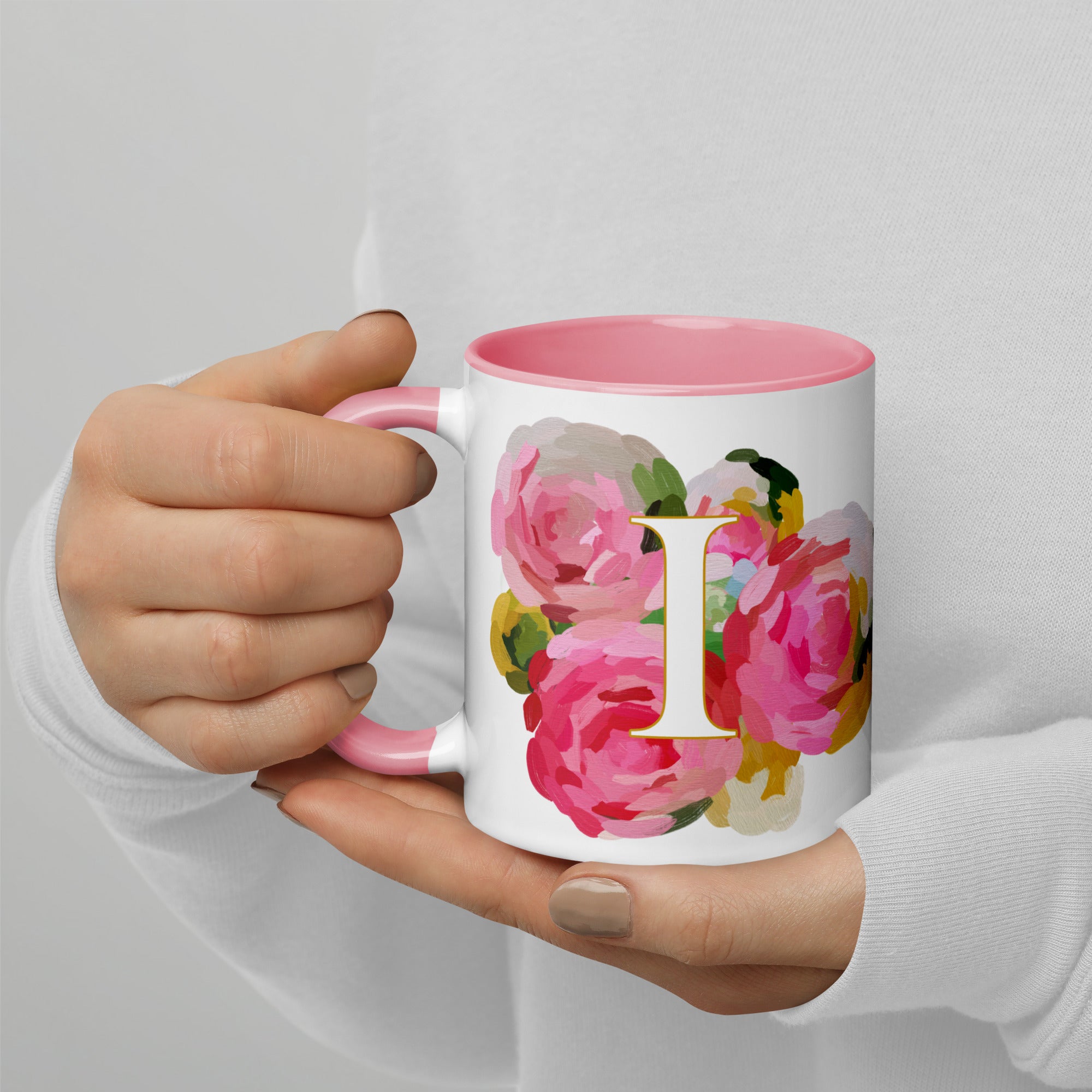 Pink Flowers Monogram Ceramic Mug - Letter I - Pretty coffee and tea mug for flower lovers. Colored on the inside and the handle. Art by Parima Studio. Chic floral mug