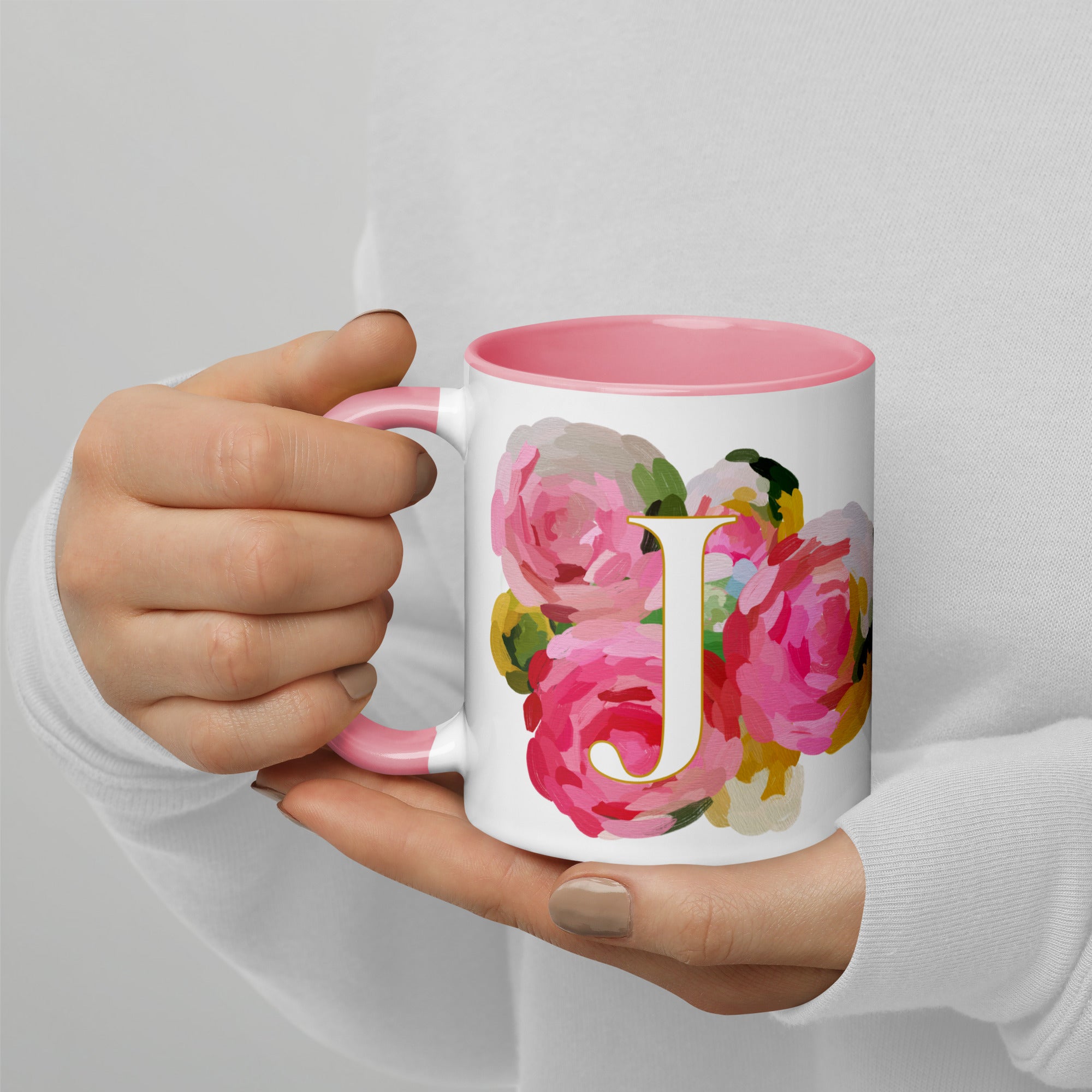 Pink Flowers Monogram Ceramic Mug - Letter J - Pretty coffee and tea mug for flower lovers. Colored on the inside and the handle. Art by Parima Studio. Chic floral mug