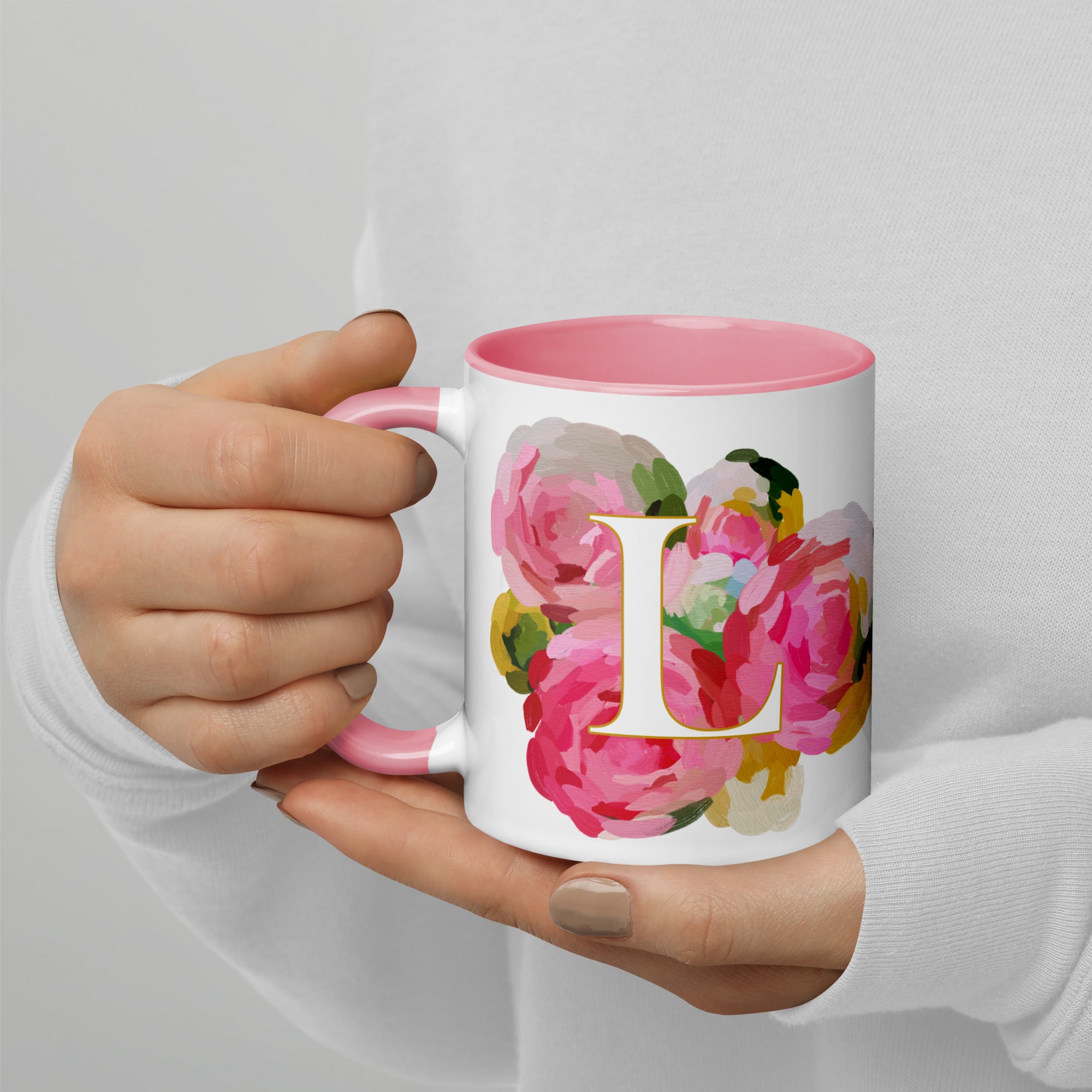 Pink Flowers Monogram Ceramic Mug - Letter L - Pretty coffee and tea mug for flower lovers. Colored on the inside and the handle. Art by Parima Studio. Chic floral mug