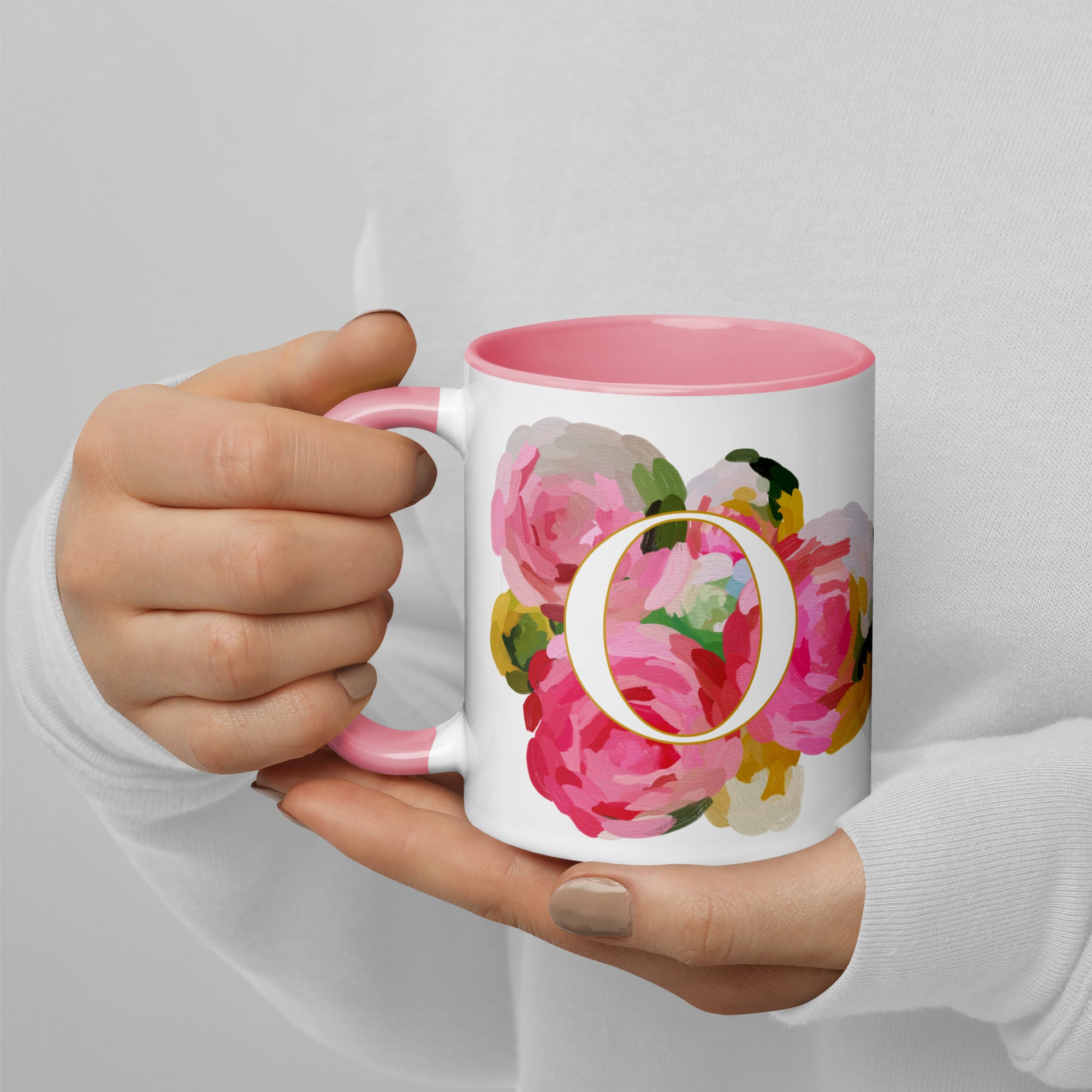 Pink Flowers Monogram Ceramic Mug - Letter O - Pretty coffee and tea mug for flower lovers. Colored on the inside and the handle. Art by Parima Studio. Chic floral mug