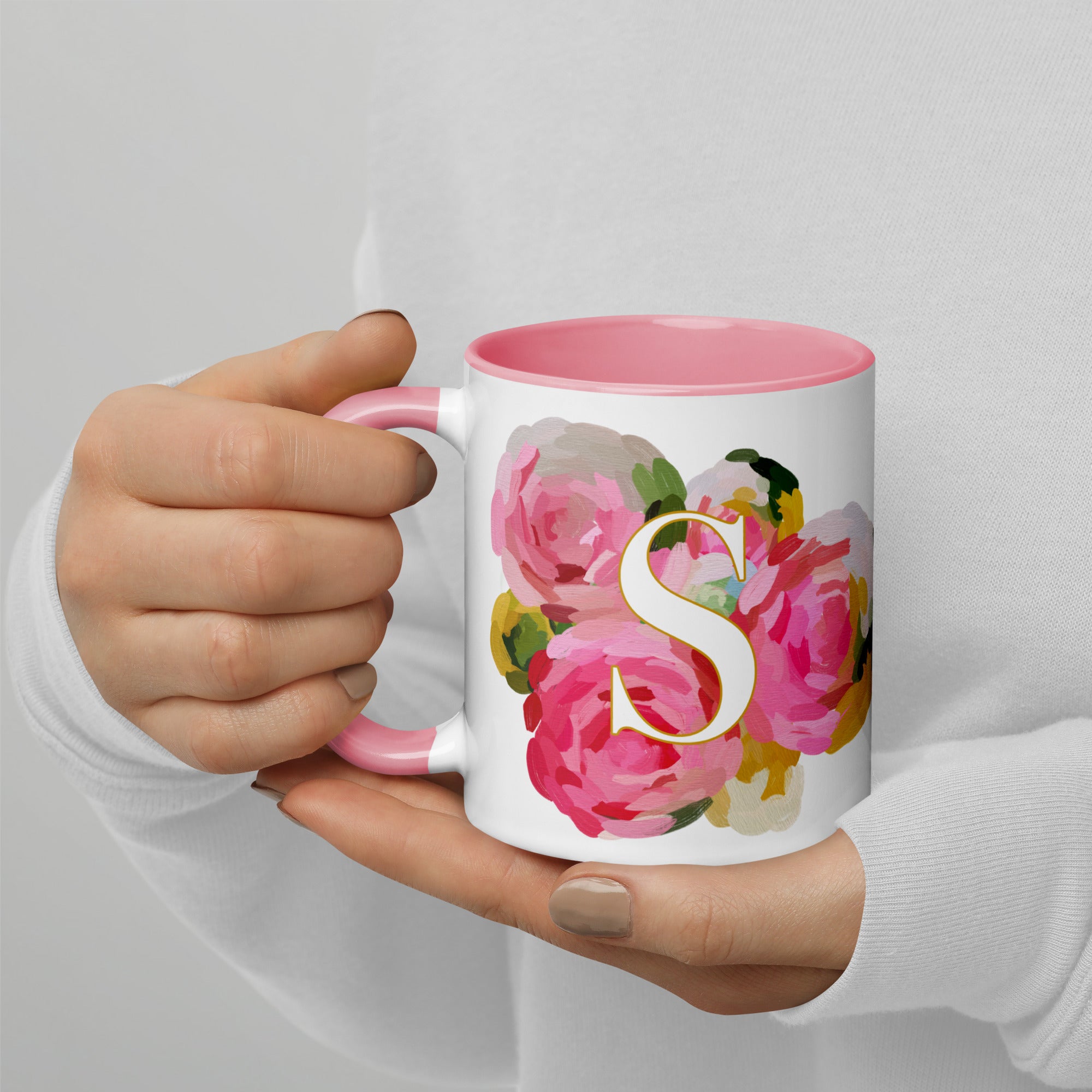 Pink Flowers Monogram Ceramic Mug - Letter S - Pretty coffee and tea mug for flower lovers. Colored on the inside and the handle. Art by Parima Studio. Chic floral mug