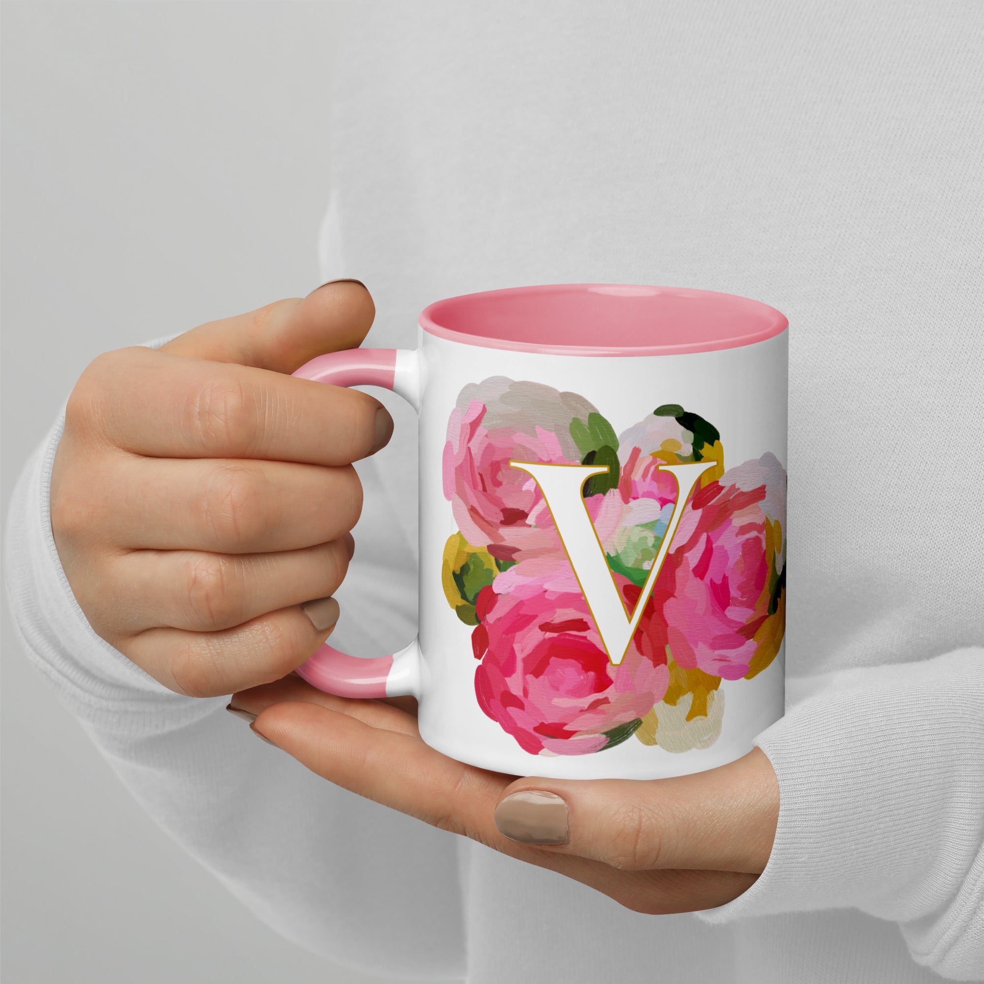 Pink Flowers Monogram Ceramic Mug - Letter V - Pretty coffee and tea mug for flower lovers. Colored on the inside and the handle. Art by Parima Studio. Chic floral mug