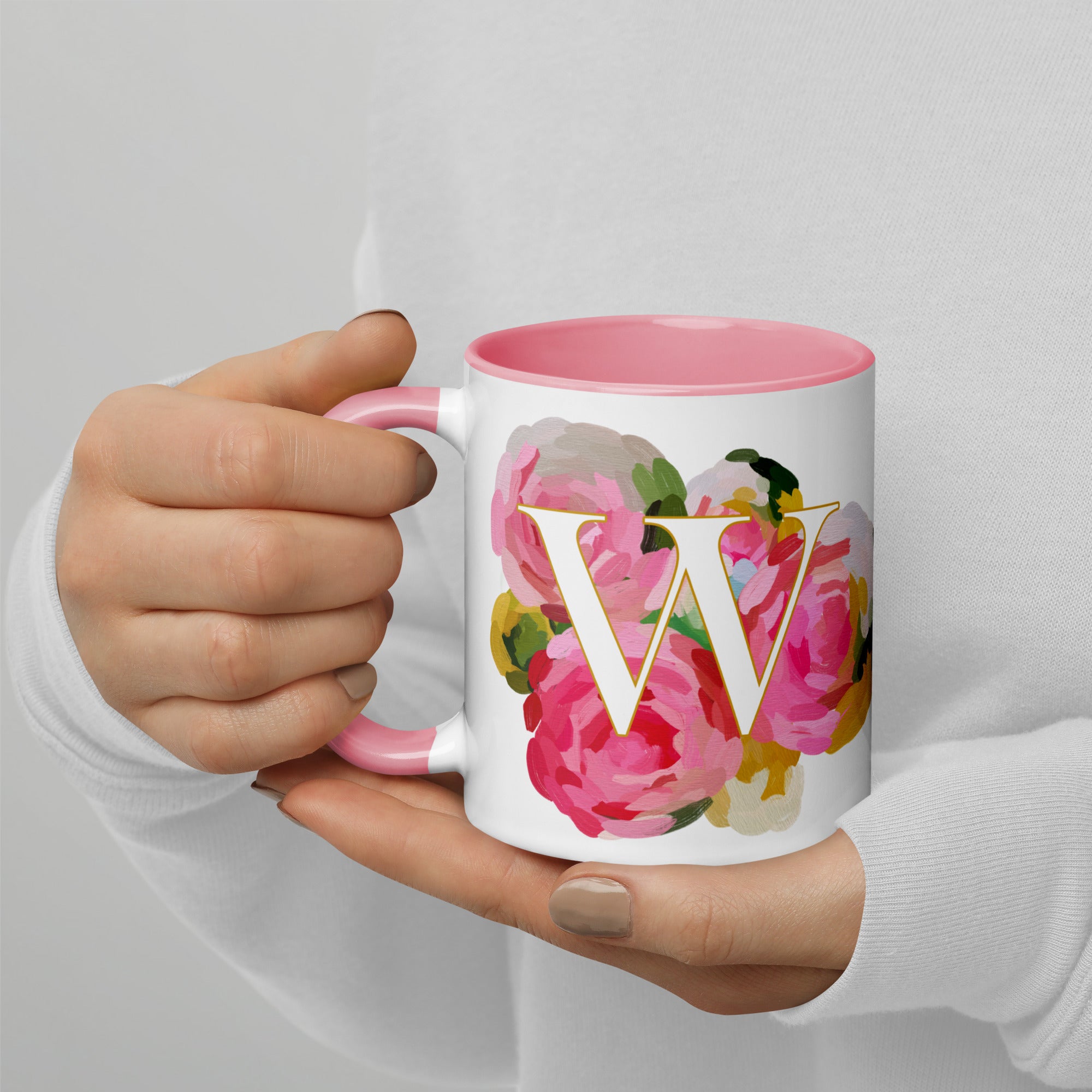 Pink Flowers Monogram Ceramic Mug - Letter W - Pretty coffee and tea mug for flower lovers. Colored on the inside and the handle. Art by Parima Studio. Chic floral mug