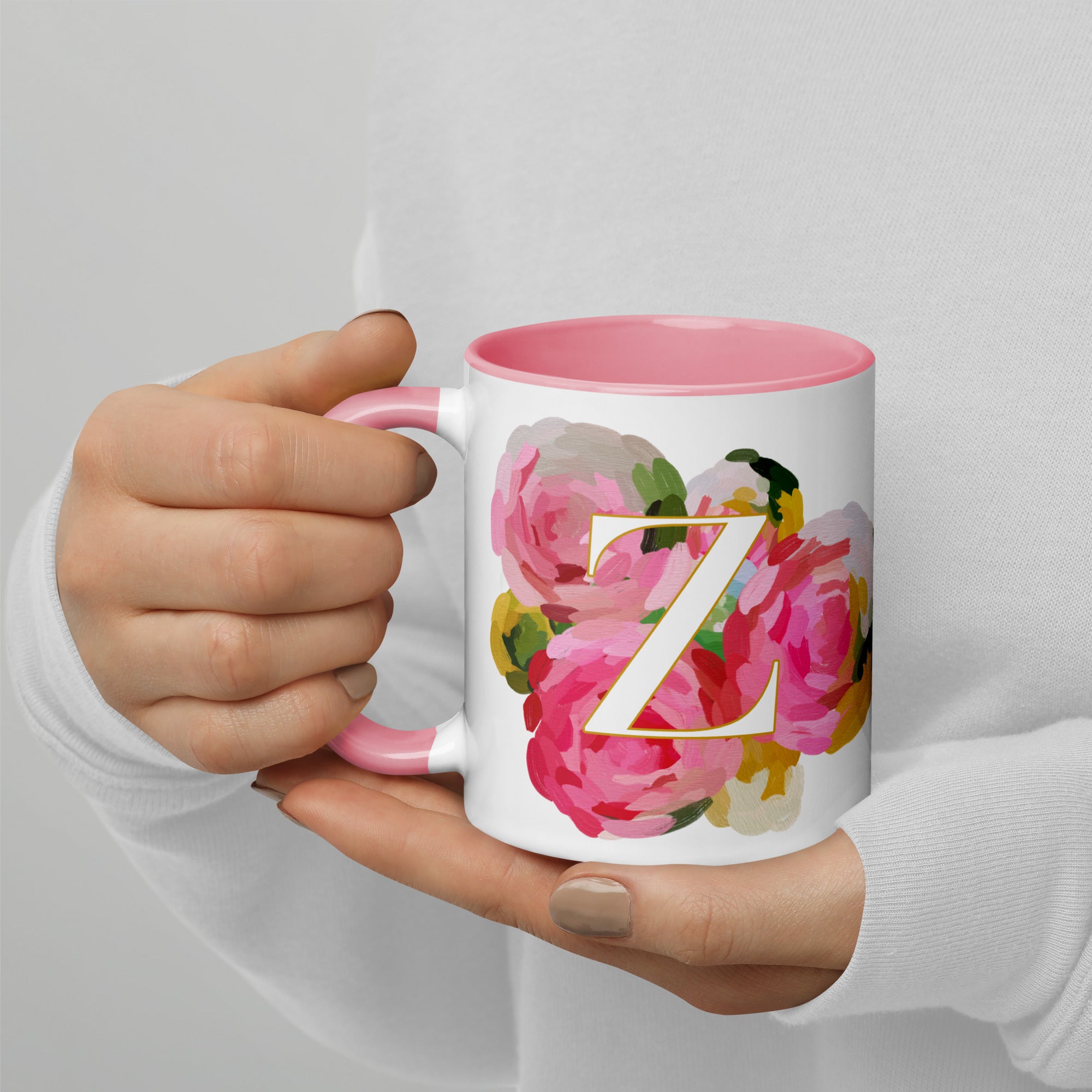 Pink Flowers Monogram Ceramic Mug - Letter Z - Pretty coffee and tea mug for flower lovers. Colored on the inside and the handle. Art by Parima Studio. Chic floral mug