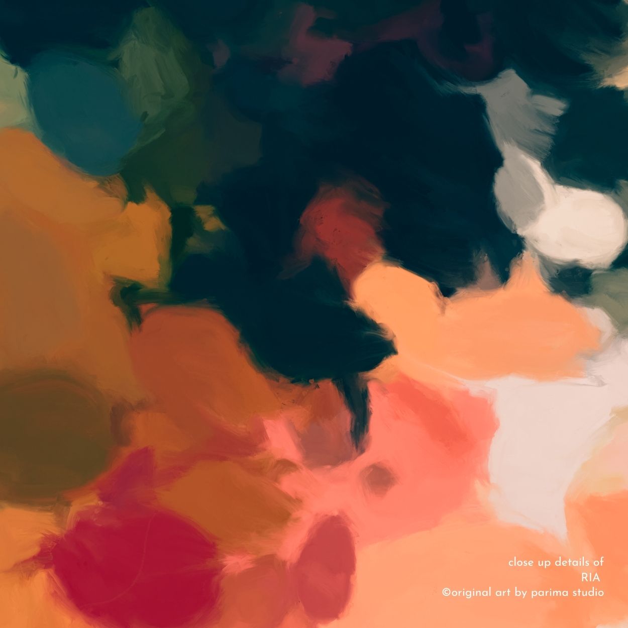 Close up of Ria, blue and orange colorful abstract wall art print by Parima Studio