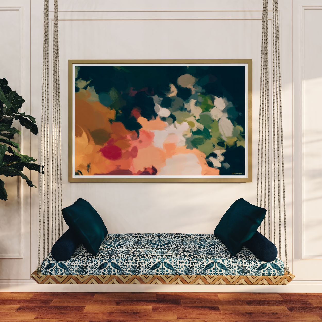 Ria, blue and orange colorful abstract wall art print by Parima Studio. Horizontal art for over hanging sofa in living room