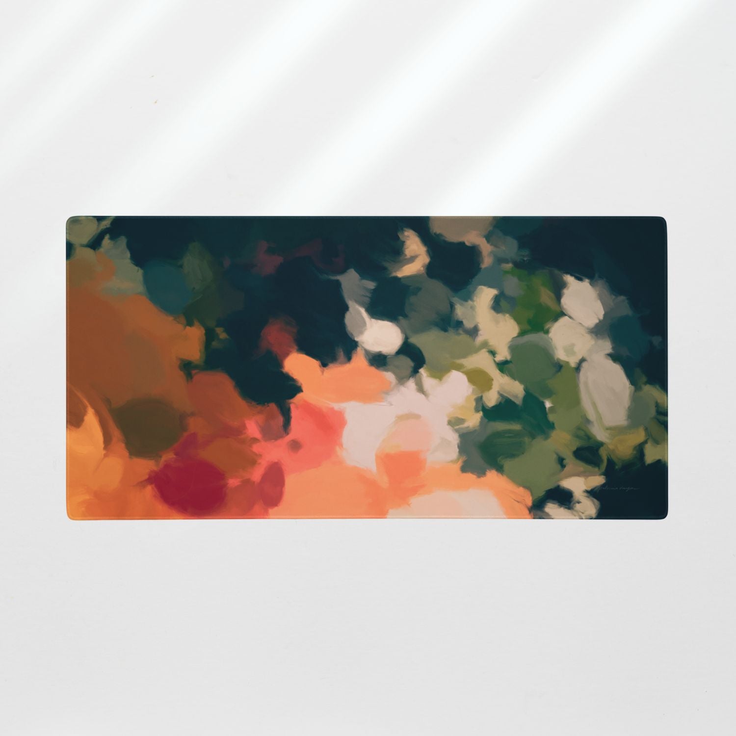 Ria, colorful desk mat for styling your office desk. Featuring artwork by Parima Studio. Home office styling accessories, cubicle styling accessories.