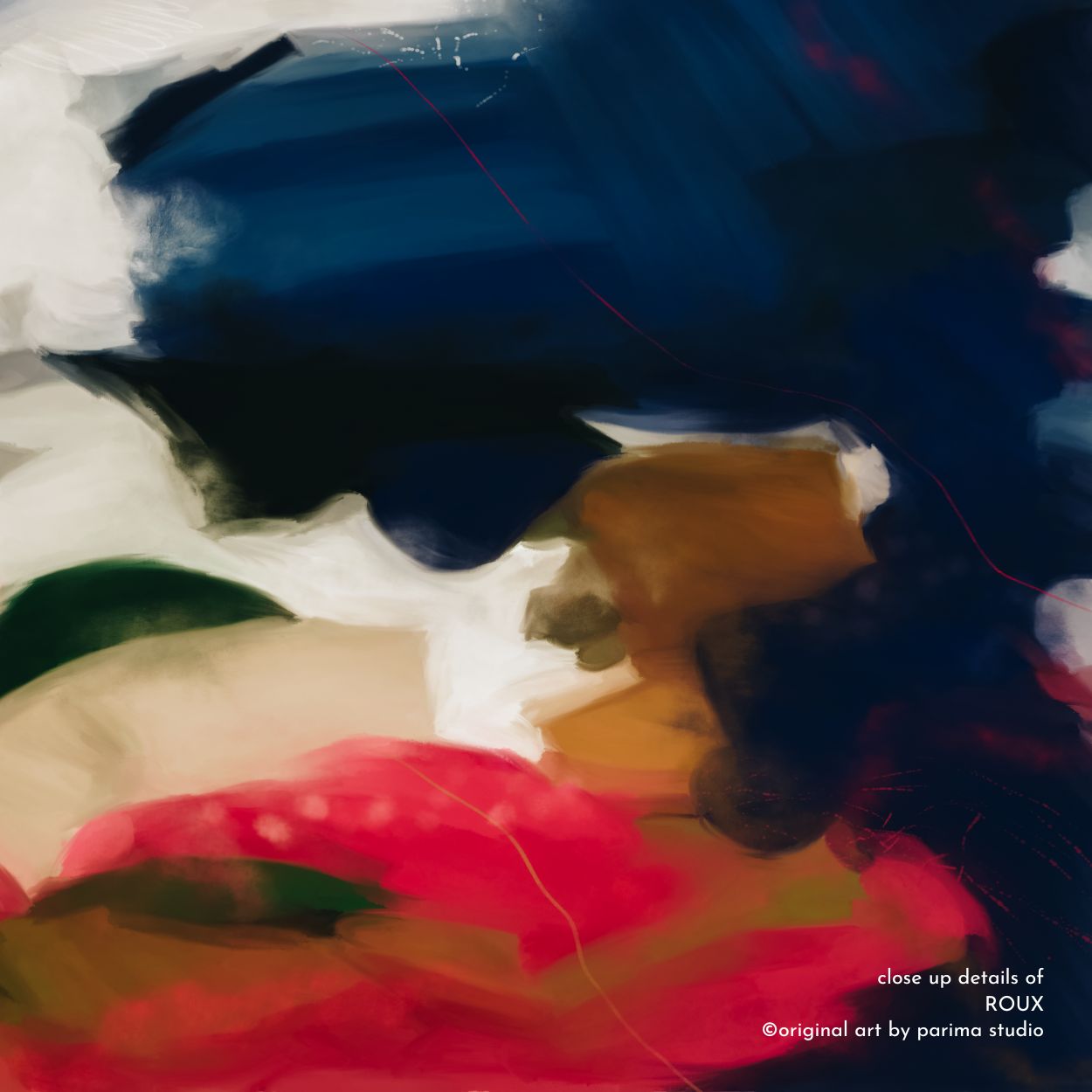 Close up of Roux, pink and navy blue colorful abstract wall art print by Parima Studio