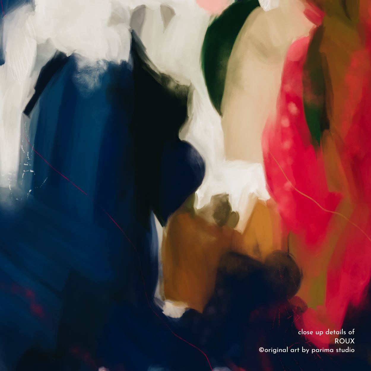 Close up of Roux, vertical pink and blue abstract art print via Parima Studio