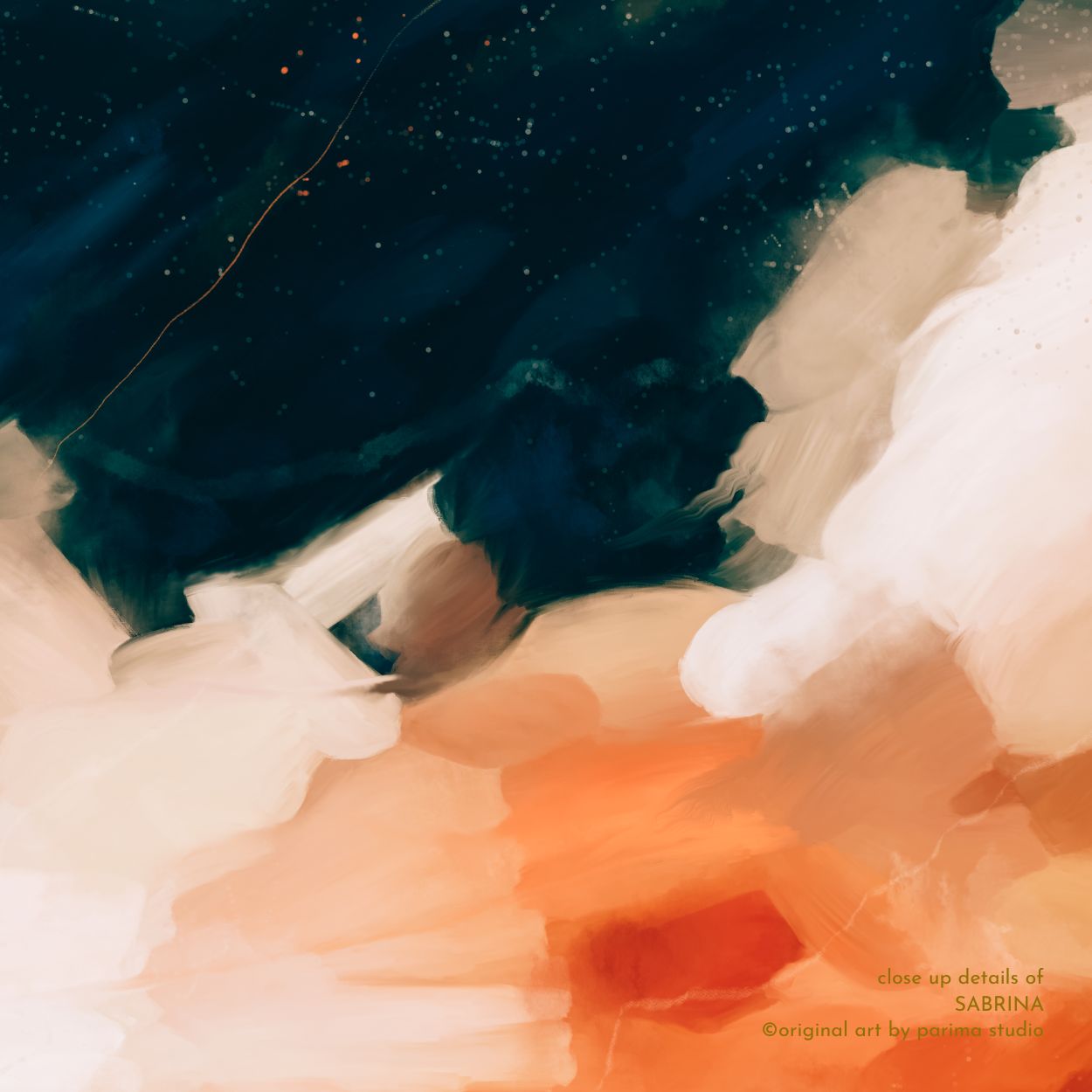 Close up of Sabrina, horizontal navy blue and orange contemporary abstract wall art print by Parima Studio
