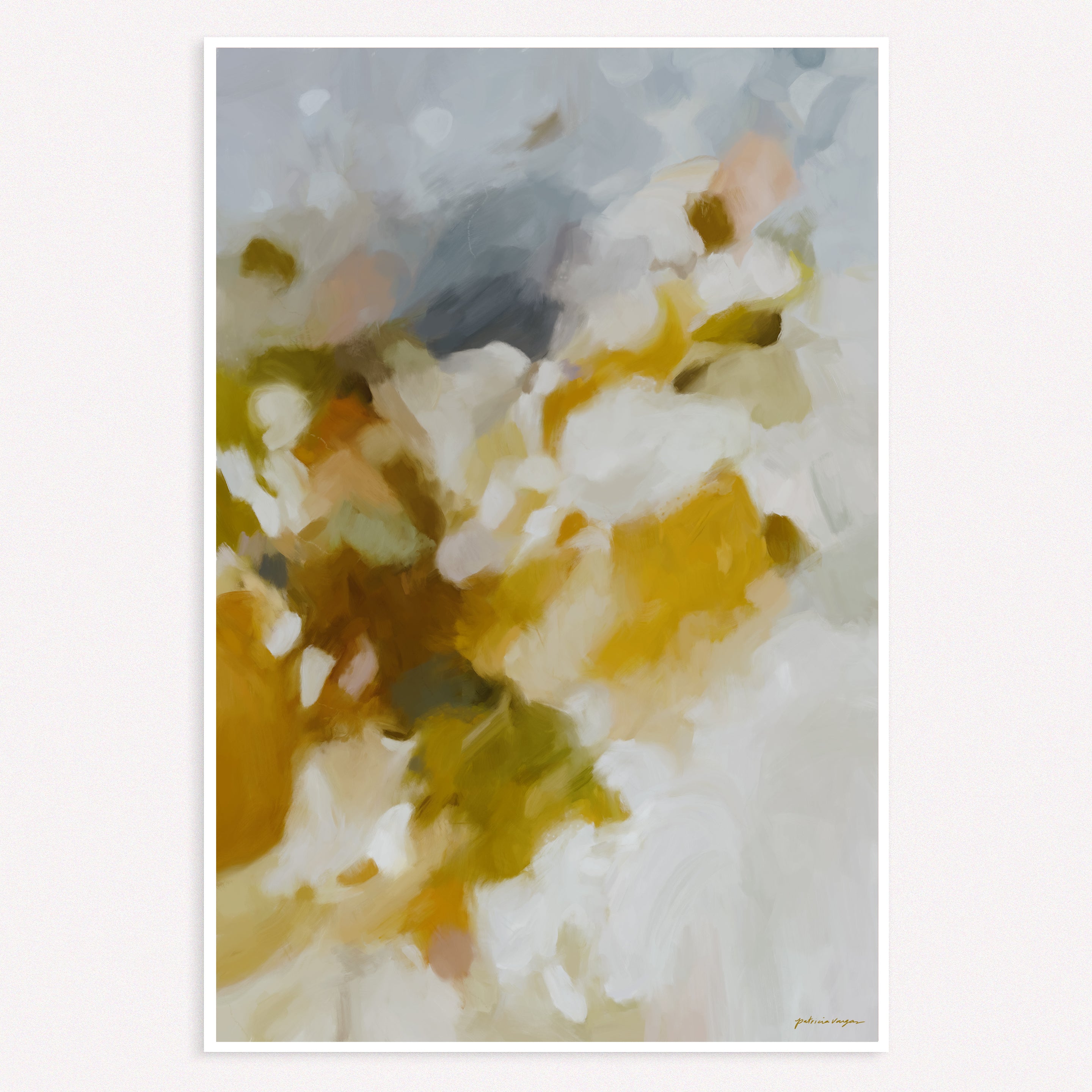 Serphanie, french blue golden yellow soft chic abstract art print by Parima Studio