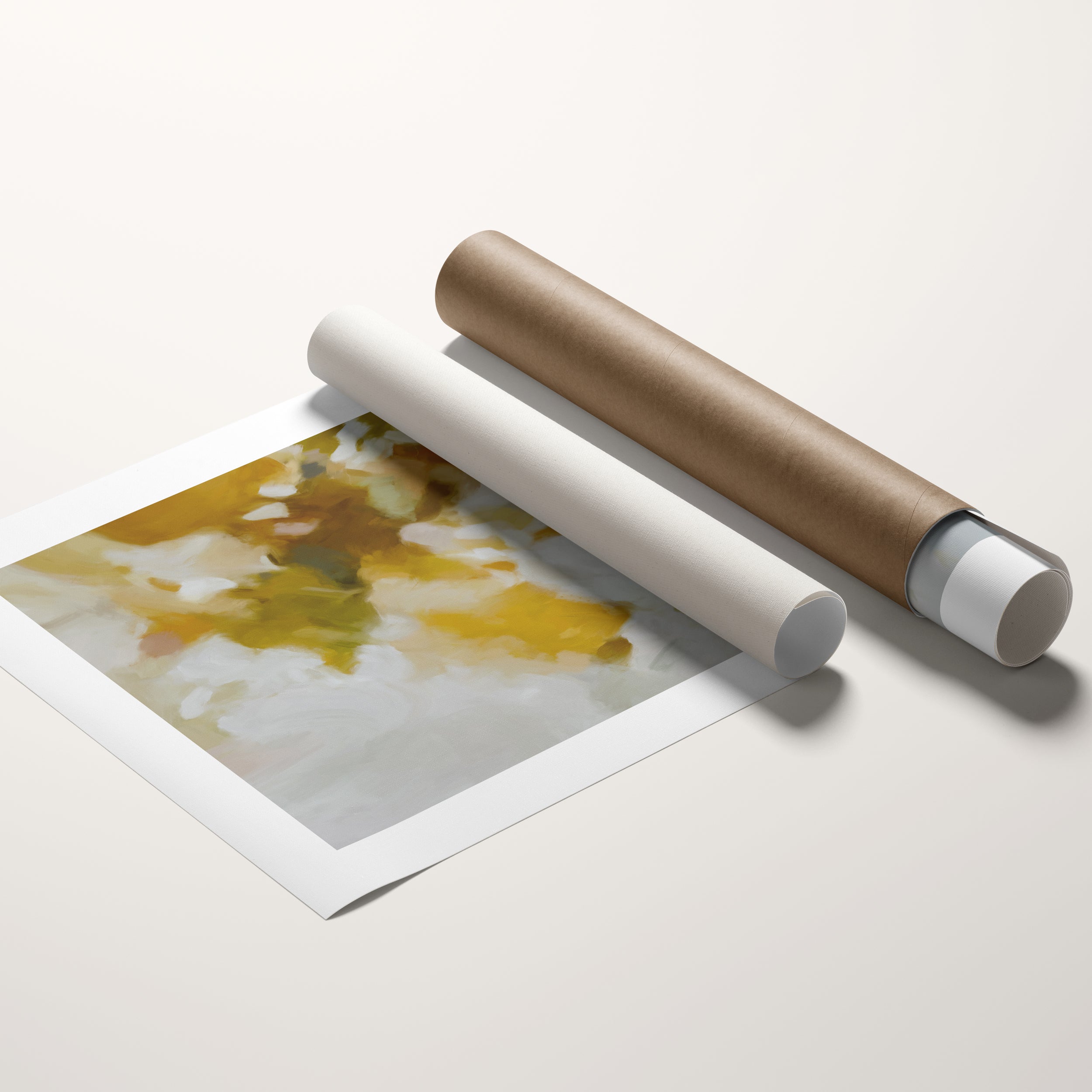 Seraphine, blue ochre yellow abstract wall art canvas print by Parima Studio. Vertical portrait abstract art for living room decor, bedroom decor, dining room decor.