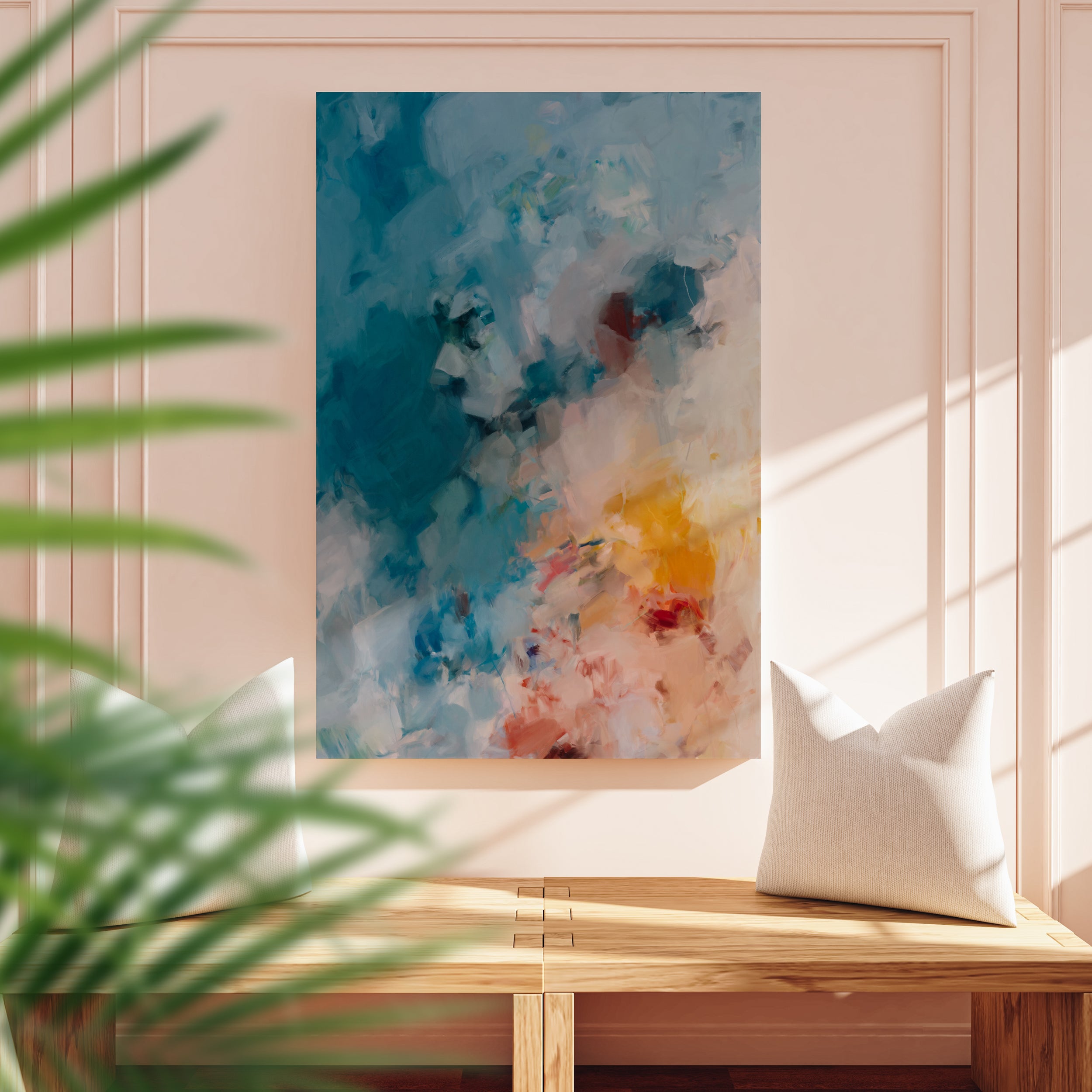 Summer Reverie, vibrant bright blue abstract wall art canvas print - oversized art for living room over bench in entryway.