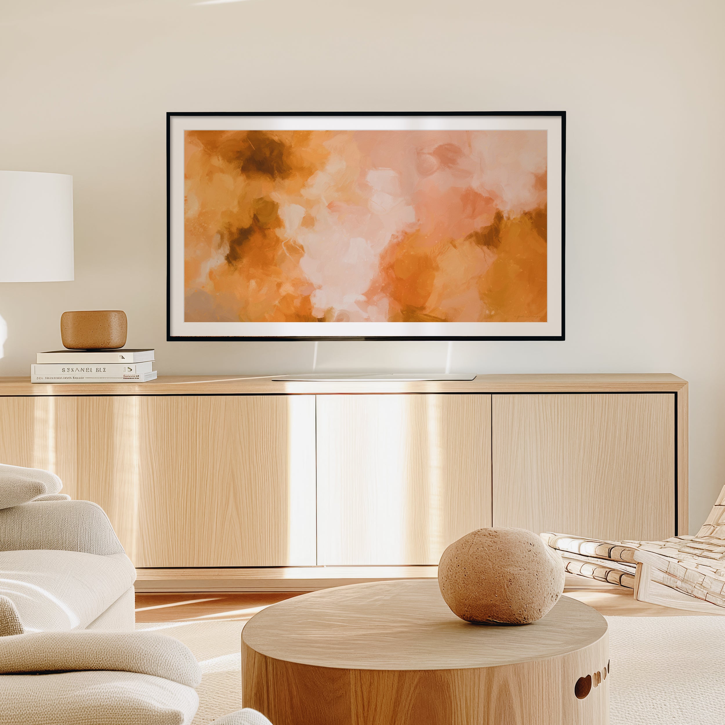 Sweet Marigold orange and pink abstract art with mat for Samsung FrameTV - artwork for FrameTV - digital download. Art by Parima Studio