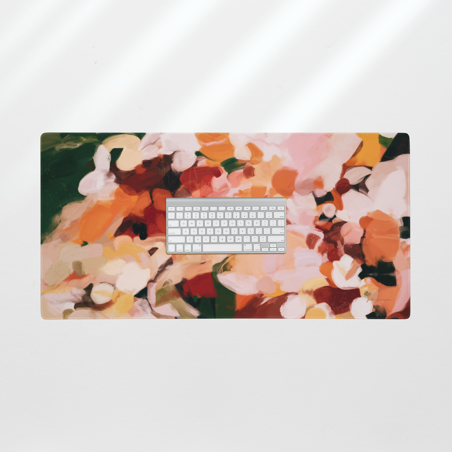 The Grove, pink and green mouse pad for styling your office desk. Featuring artwork by Parima Studio. Home office styling accessories, cubicle styling accessories.