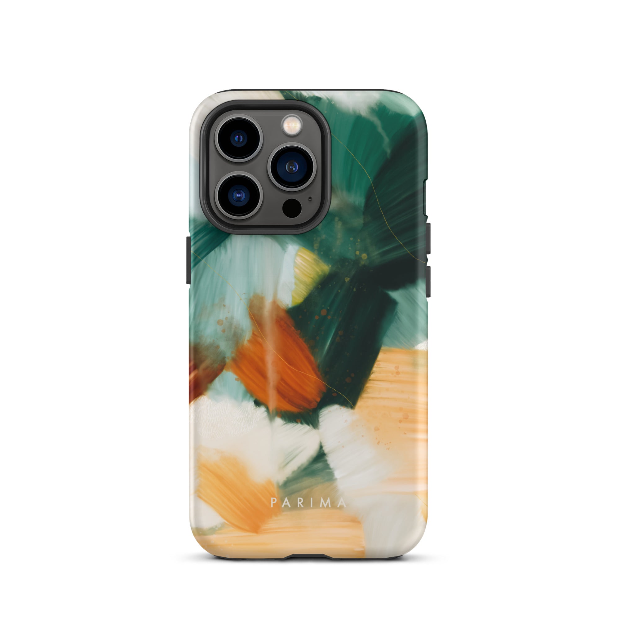 Meridian, green and orange abstract art on iPhone 13 Pro tough case by Parima Studio