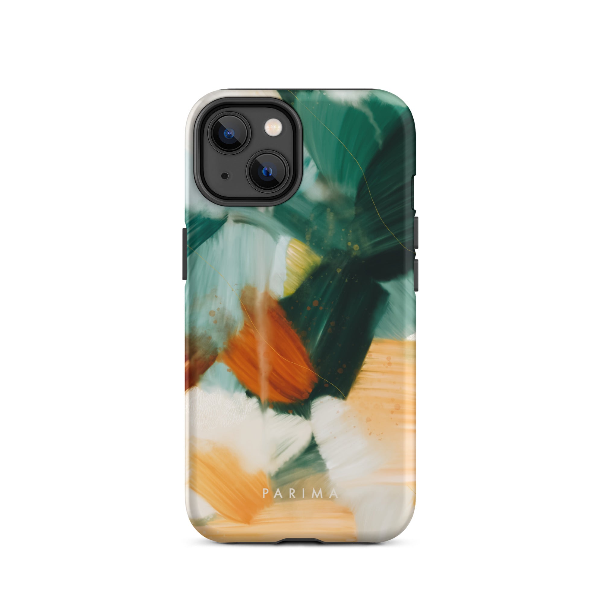 Meridian, green and orange abstract art on iPhone 14 tough case by Parima Studio