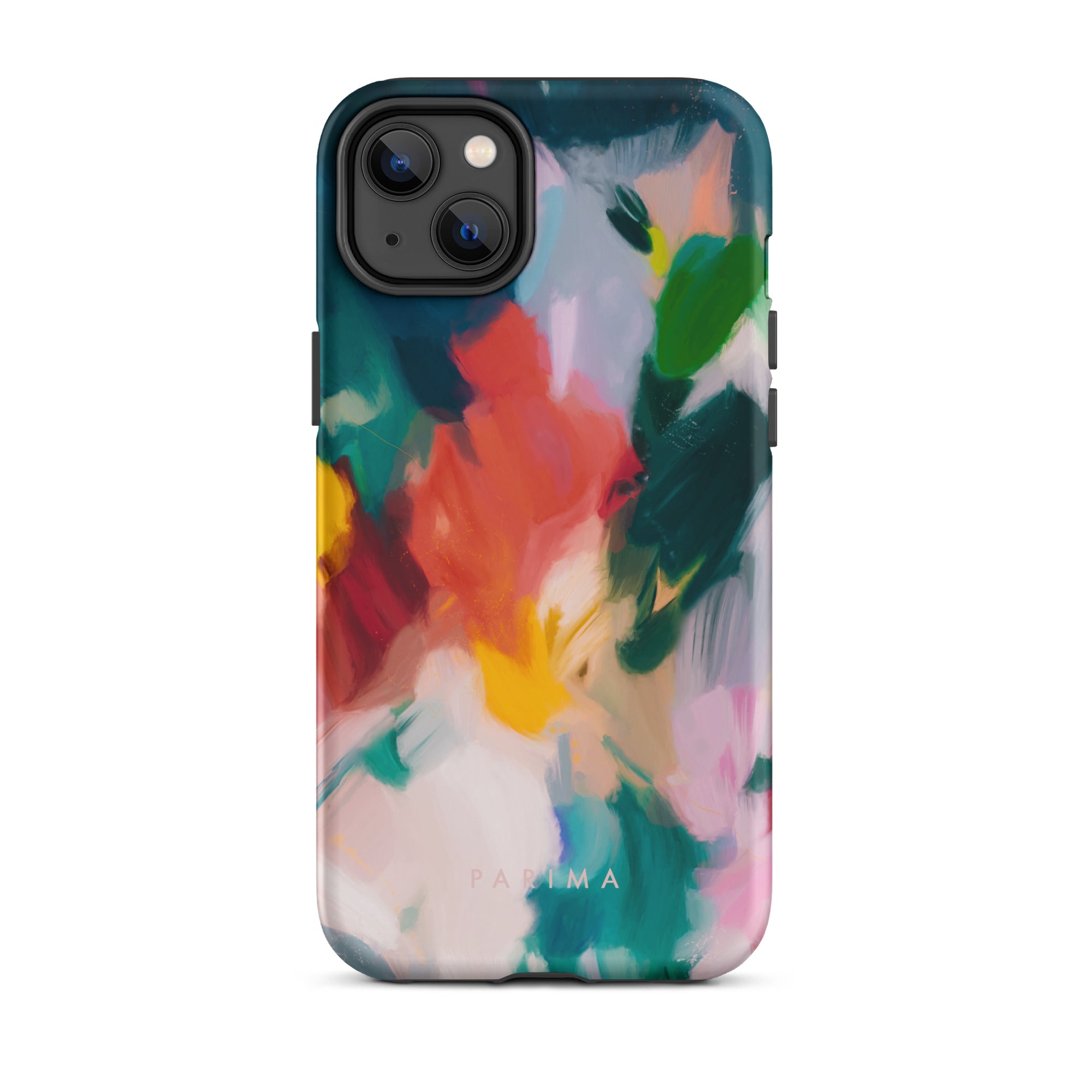 Pomme, blue and red abstract art on iPhone 14 Plus tough case by Parima Studio