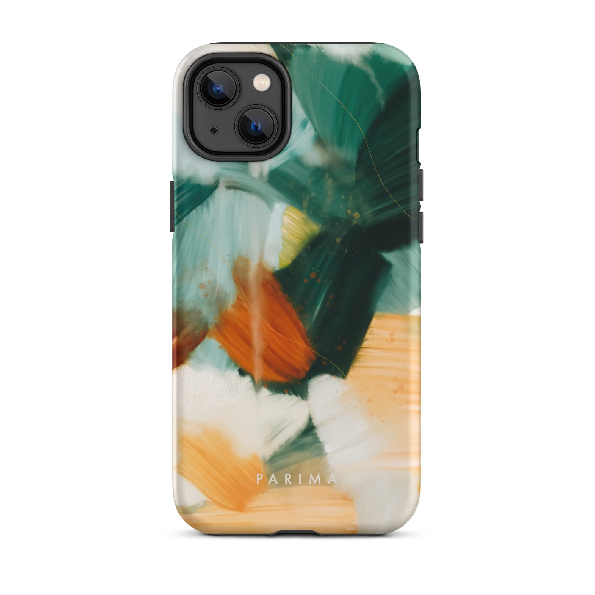 Meridian, green and orange abstract art on iPhone 14 Plus tough case by Parima Studio