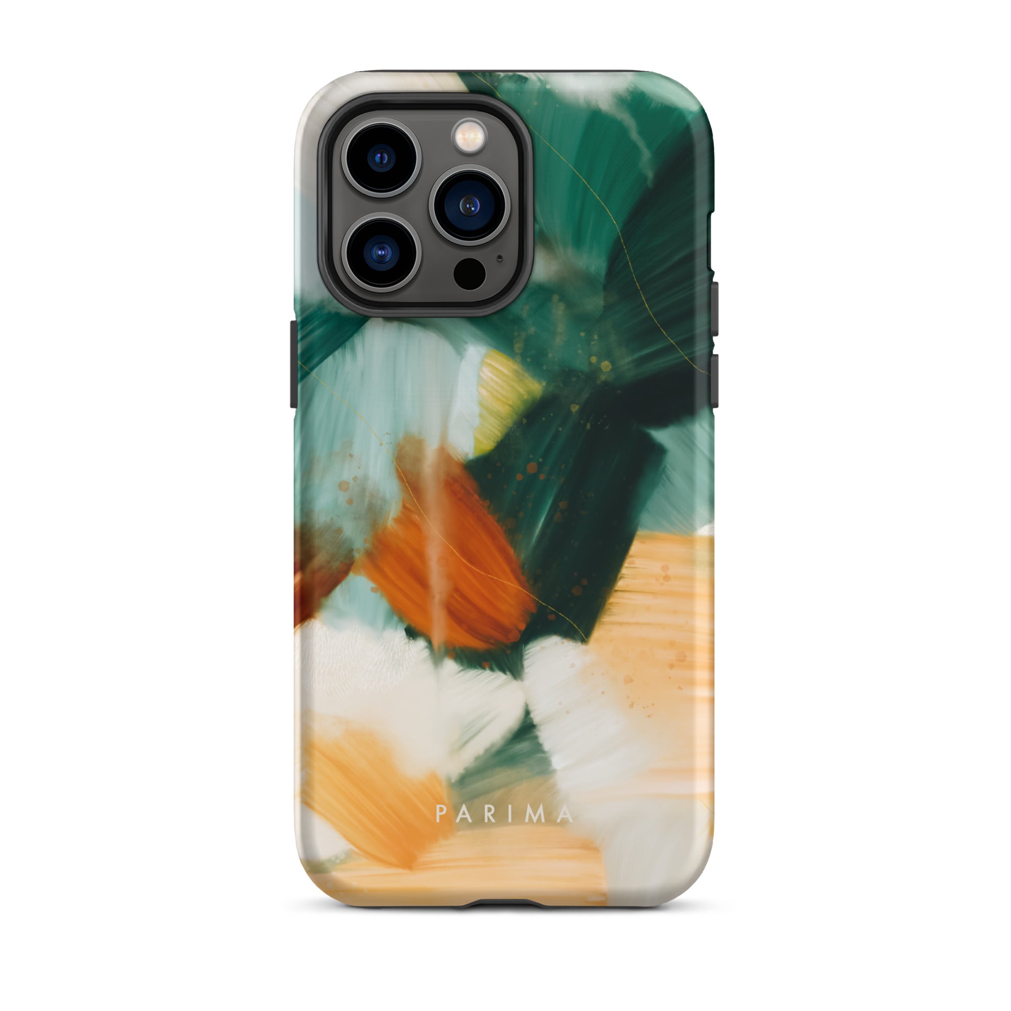 Meridian, green and orange abstract art on iPhone 14 Pro Max tough case by Parima Studio