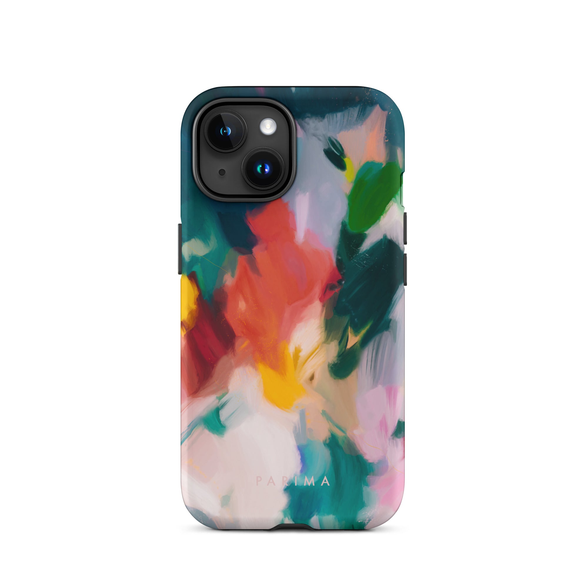 Pomme, blue and red abstract art on iPhone 15 tough case by Parima Studio