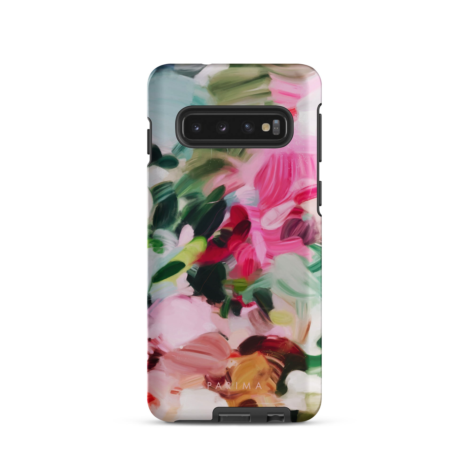 Bloom, pink and green abstract art on Samsung Galaxy S10 tough case by Parima Studio
