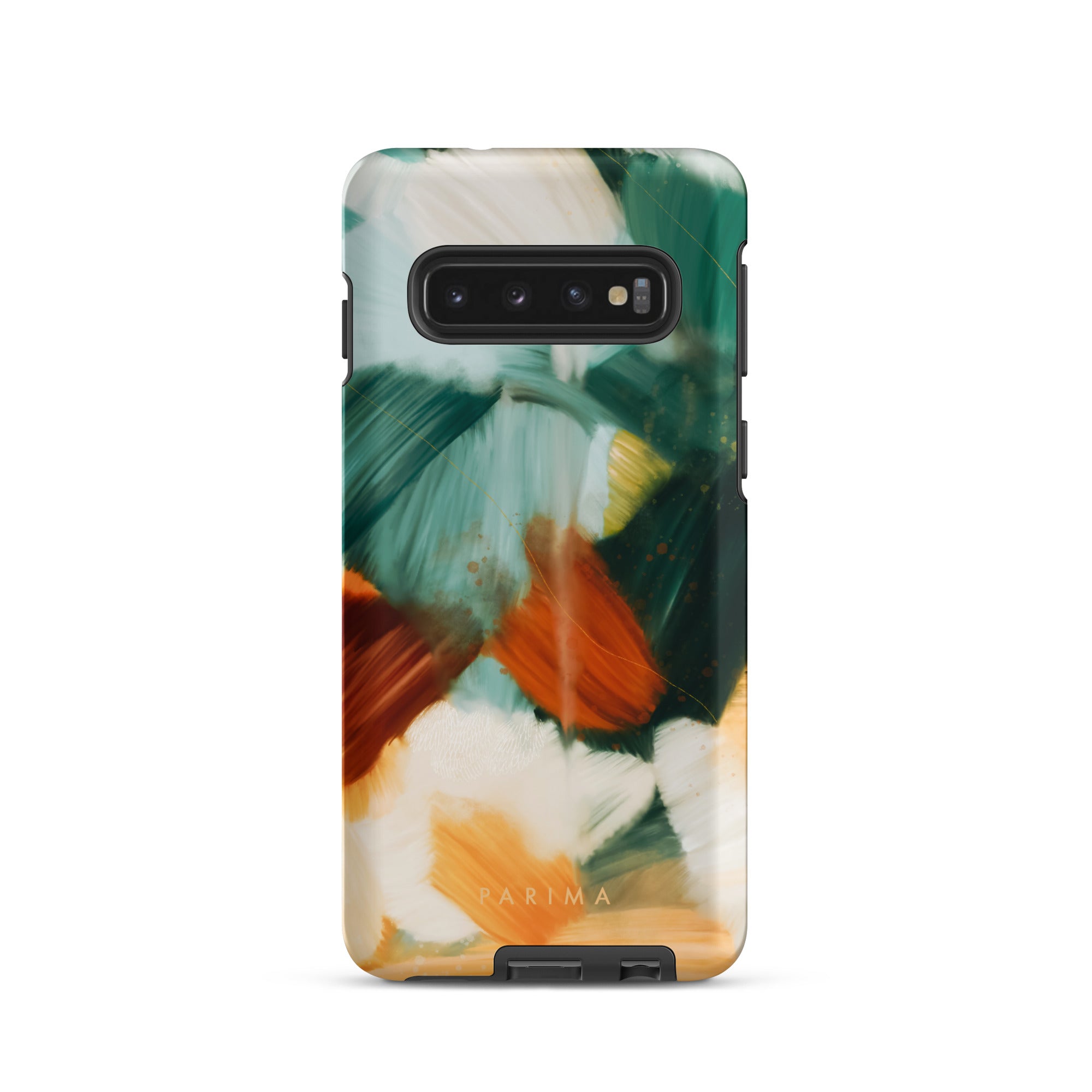 Meridian, green and orange abstract art on Samsung Galaxy S10 tough case by Parima Studio