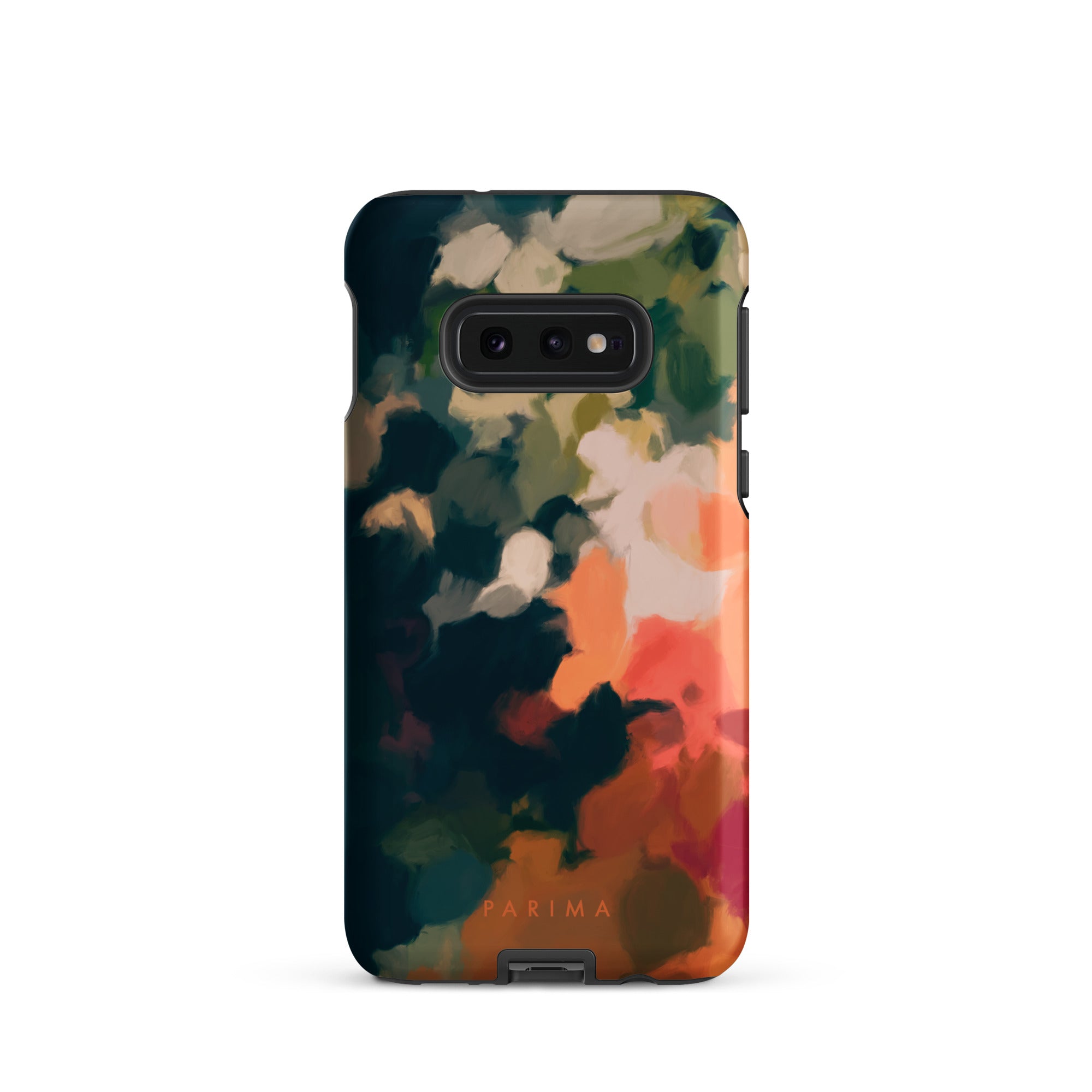 Ria, blue and orange abstract art on Samsung Galaxy S10e tough case by Parima Studio