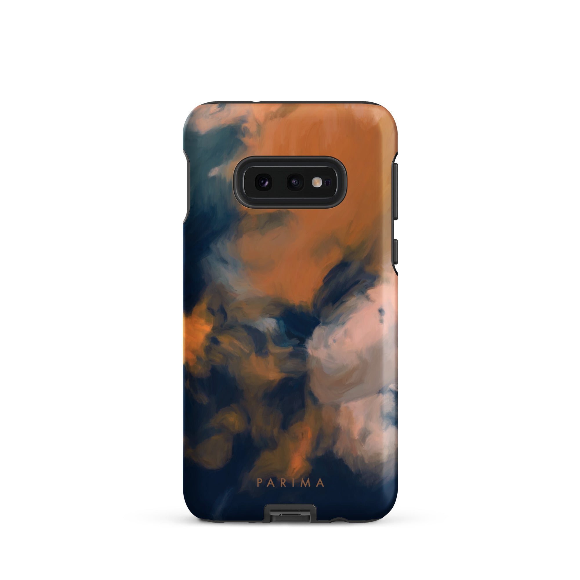 Mia Luna, blue and orange abstract art on Samsung Galaxy S10e tough case by Parima Studio