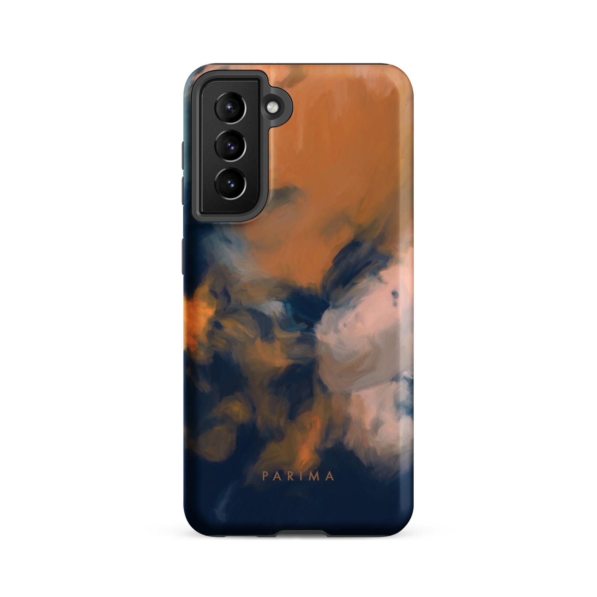 Mia Luna, blue and orange abstract art on Samsung Galaxy S21 fe tough case by Parima Studio