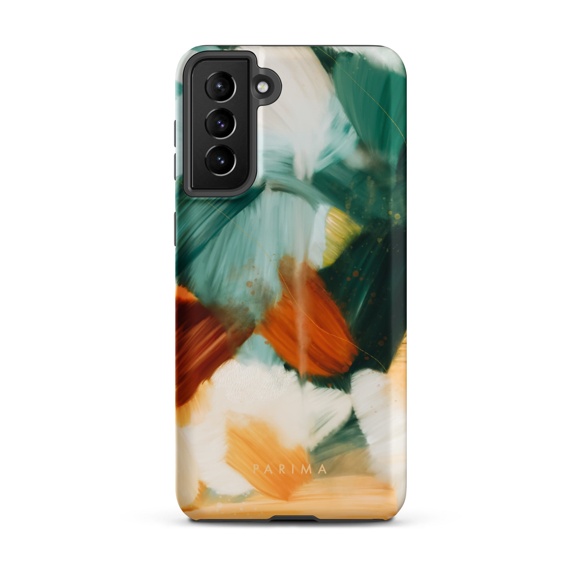 Meridian, green and orange abstract art on Samsung Galaxy S21 Plus tough case by Parima Studio