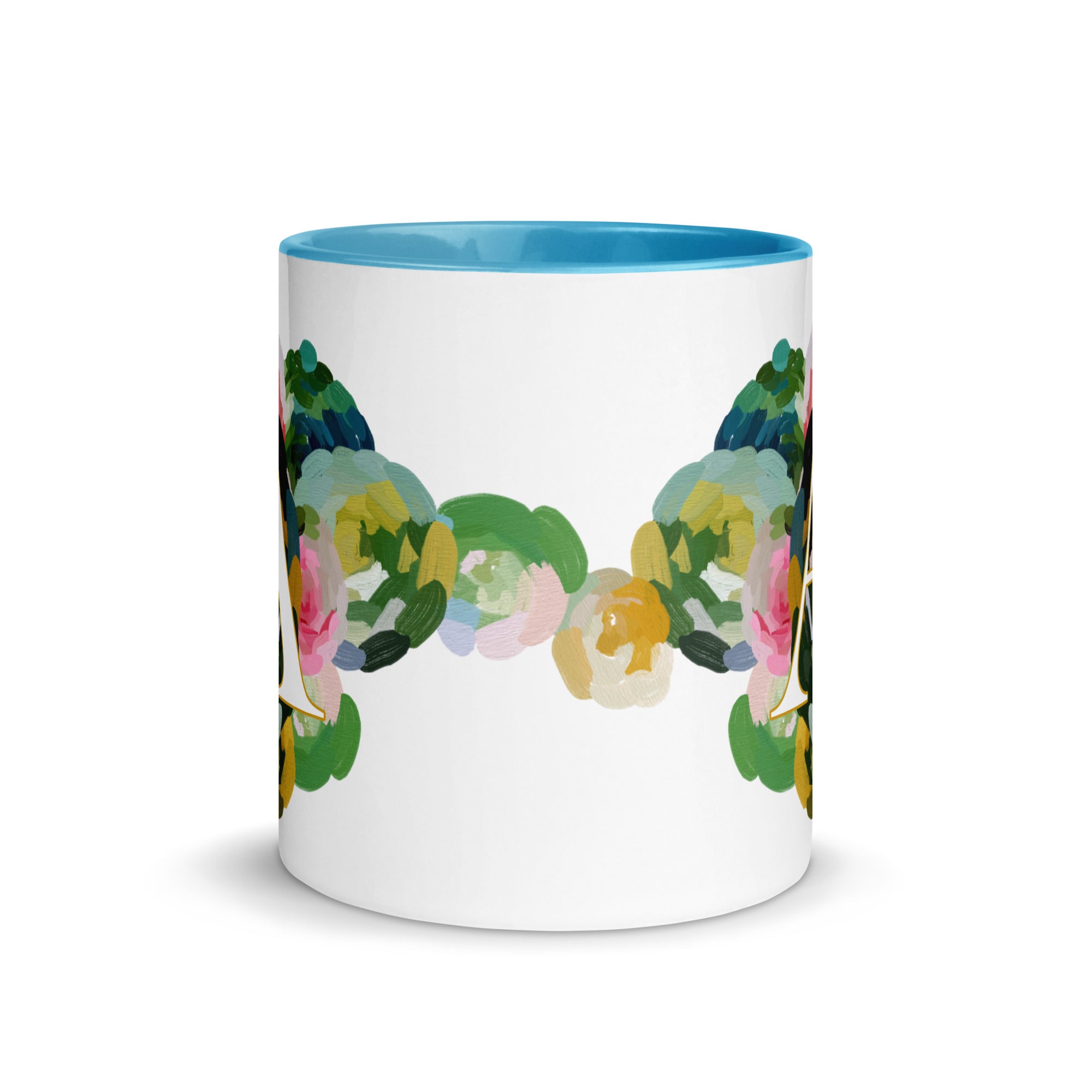 Blue Flowers Monogram Ceramic Mug - Letter A - Pretty coffee and tea mug for flower lovers. Bright light blue colored on the inside and the handle. Art by Parima Studio. Chic floral mug