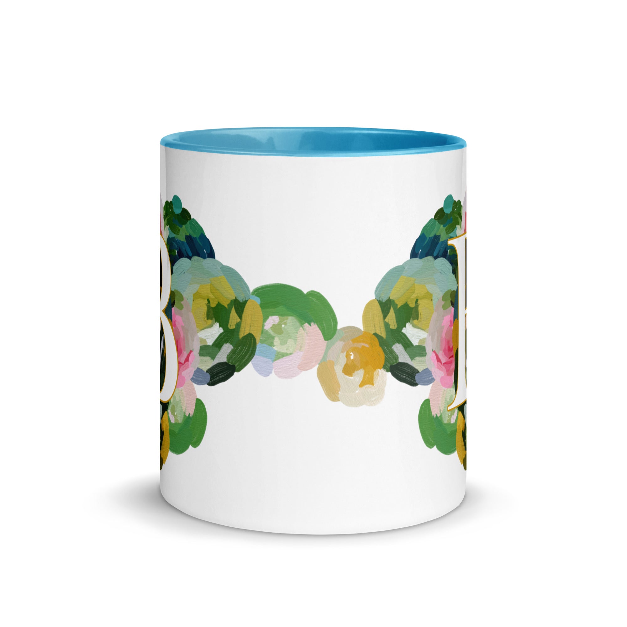 Blue Flowers Monogram Ceramic Mug - Letter B - Pretty coffee and tea mug for flower lovers. Bright light blue colored on the inside and the handle. Art by Parima Studio. Chic floral mug